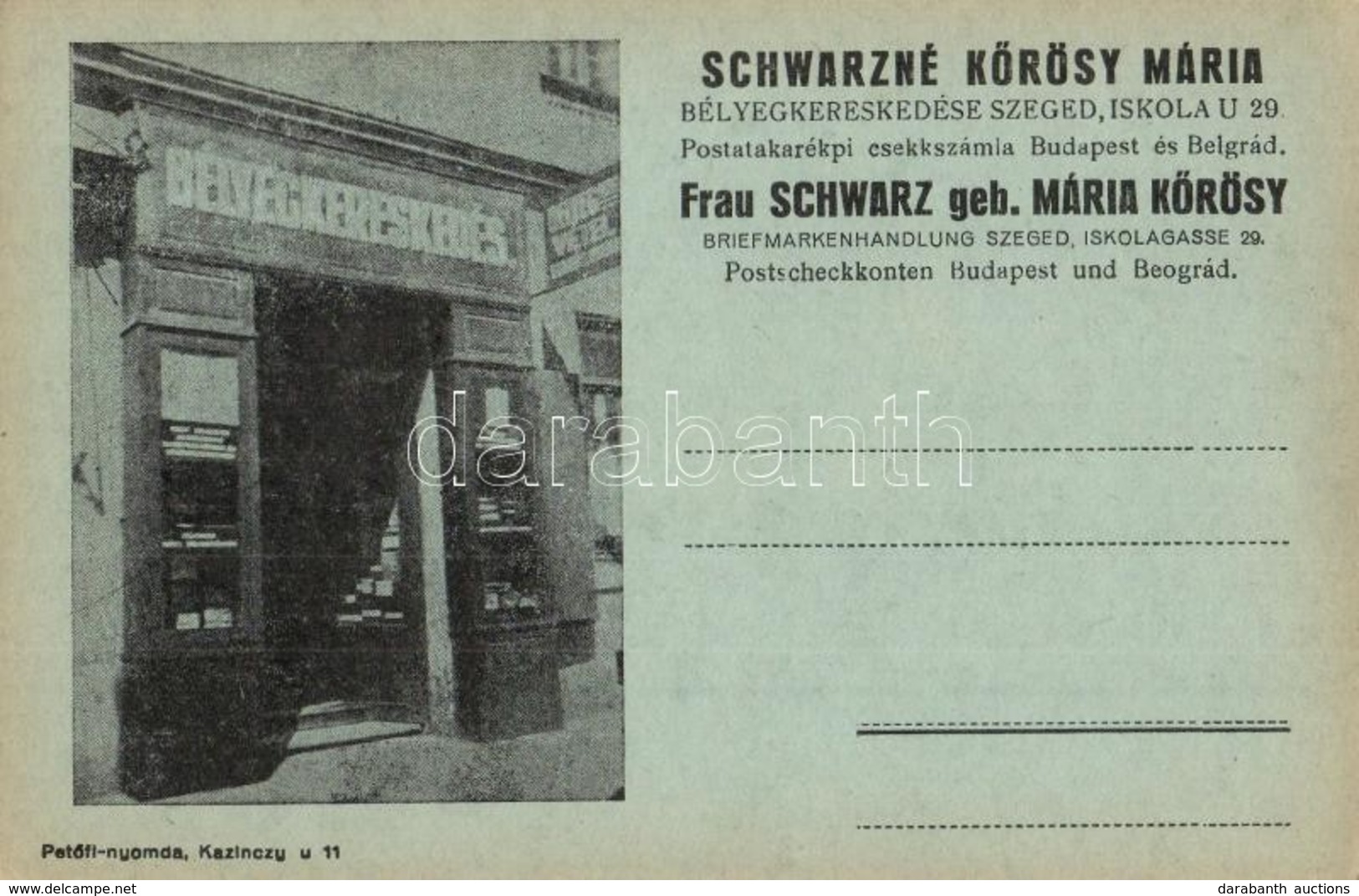 ** T2 Szeged, Schwarzné Kőrösy Mária Bélyegkereskedése. Iskola Utca 29. Reklámlap / Briefmarkenhandlung - Unclassified