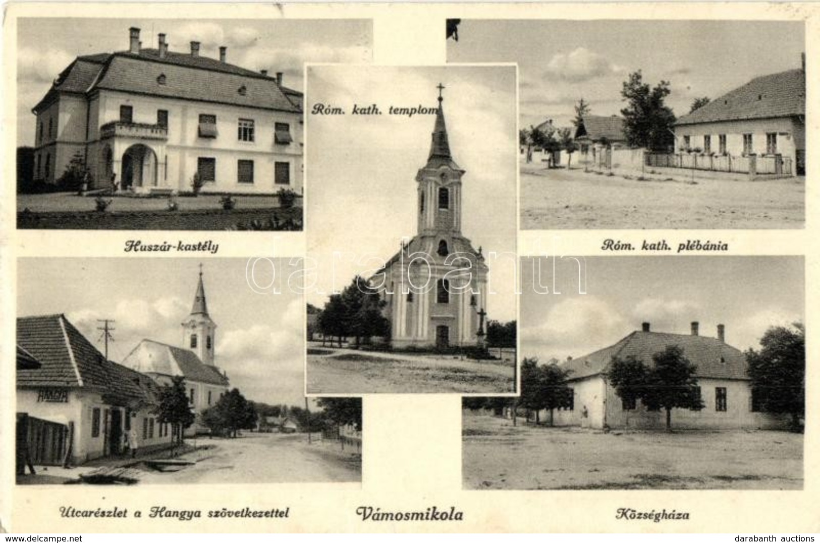 * T2 1938 Vámosmikola, Római Katolikus Templom és Plébánia, Községháza, Huszár Kastély, Utca, Hangya Szövetkezet üzlete  - Unclassified