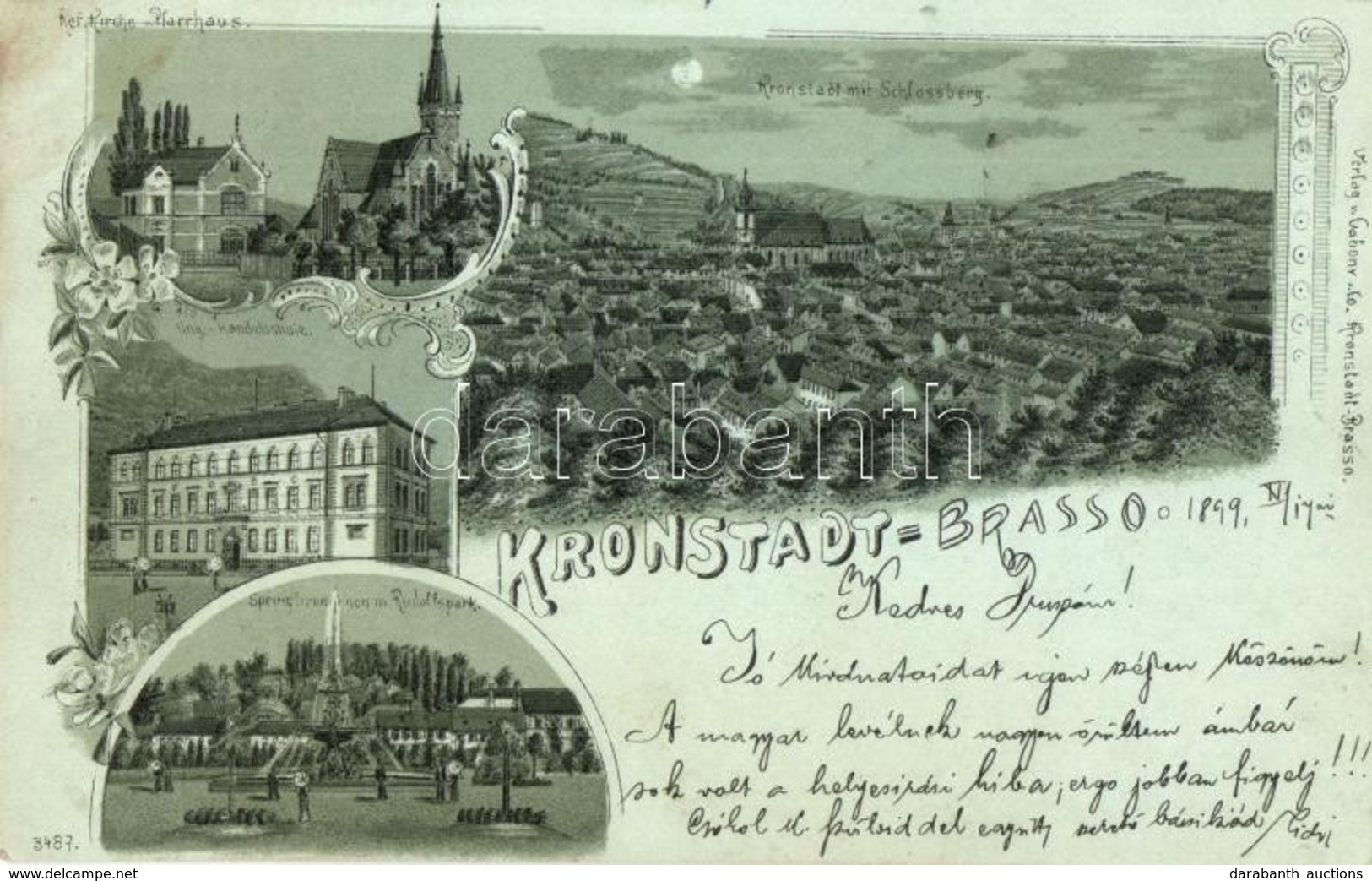 T2/T3 1899 Brassó, Kronstadt, Brasov; Ref. Kirche Und Pfarrhaus, Ung. Handelsschule, Springbrunnen Im Rudolfspark / Refo - Unclassified