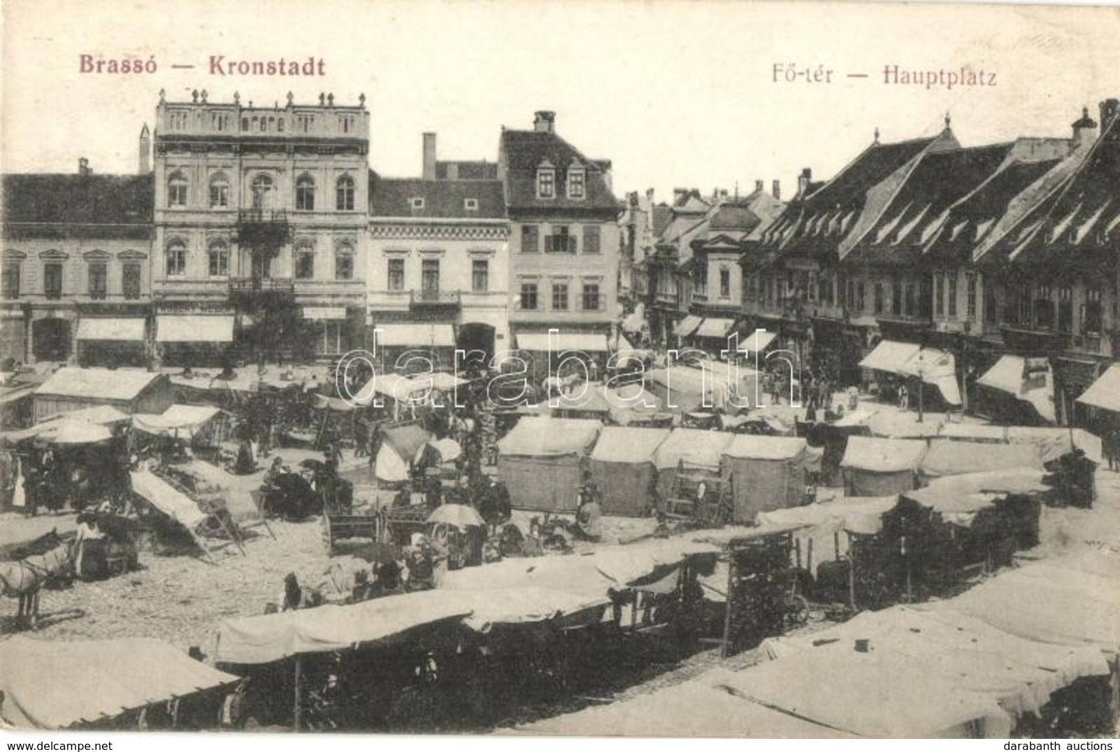 * T2/T3 Brassó, Kronstadt, Brasov; Fő Tér, Piaci árusok, Bódék, Robert Weber, Alfred Gebauer üzlete / Hauptplatz / Main  - Unclassified