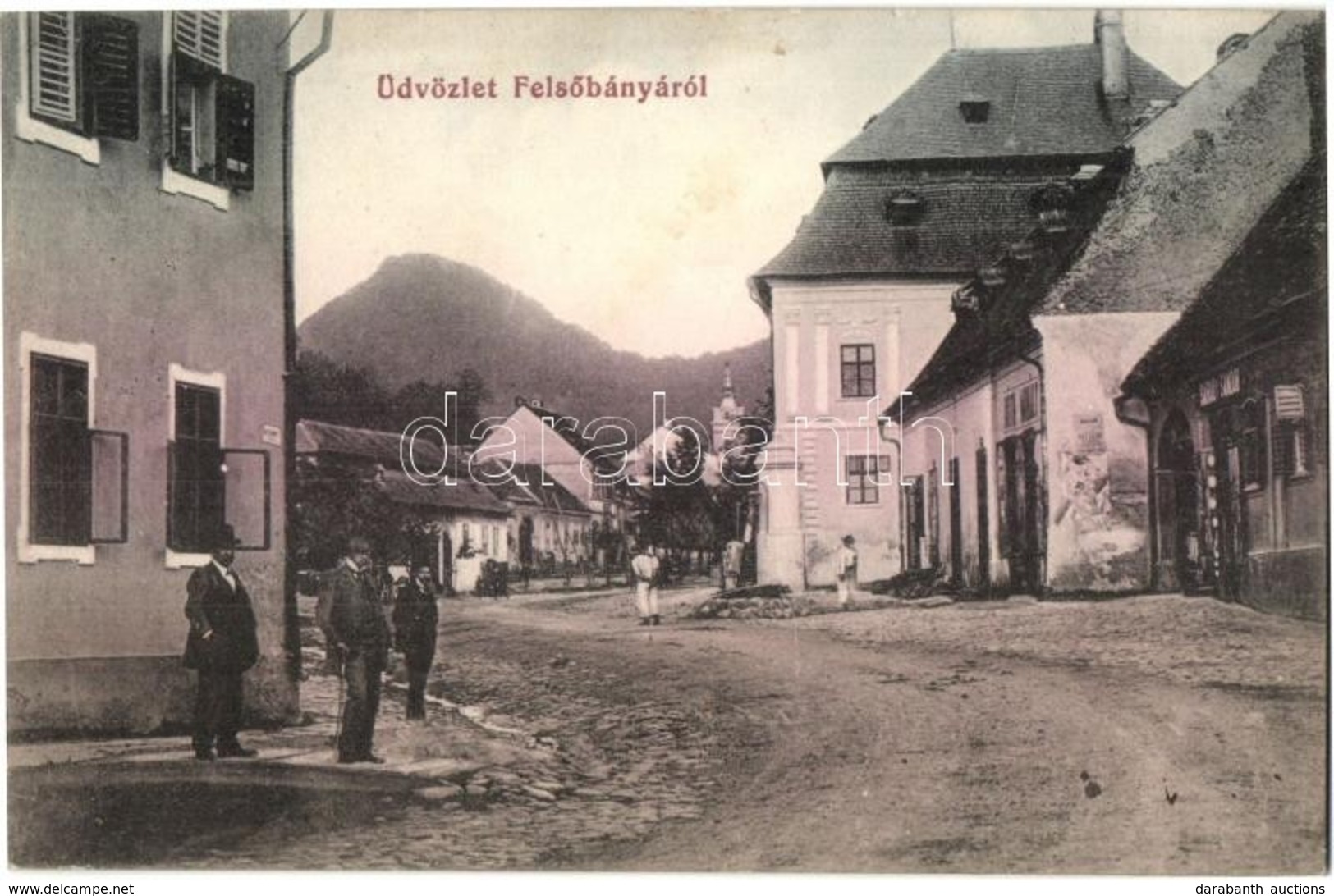 T2 1914 Felsőbánya, Baia Sprie; Utcakép, Róth Mihály és Sárody Sándor üzlete. Dacsek Péter Kiadása / Street, Shops - Non Classés