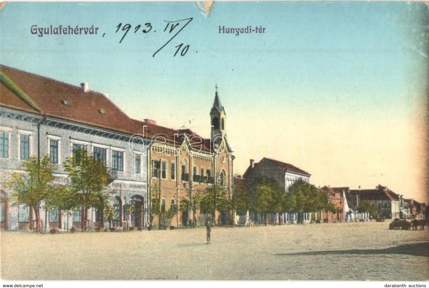 T3 1913 Gyulafehérvár, Karlsburg, Alba Iulia; Hunyadi Tér, Erzsébet Szálloda / Square, Hotel  (szakadás / Tear) - Non Classés