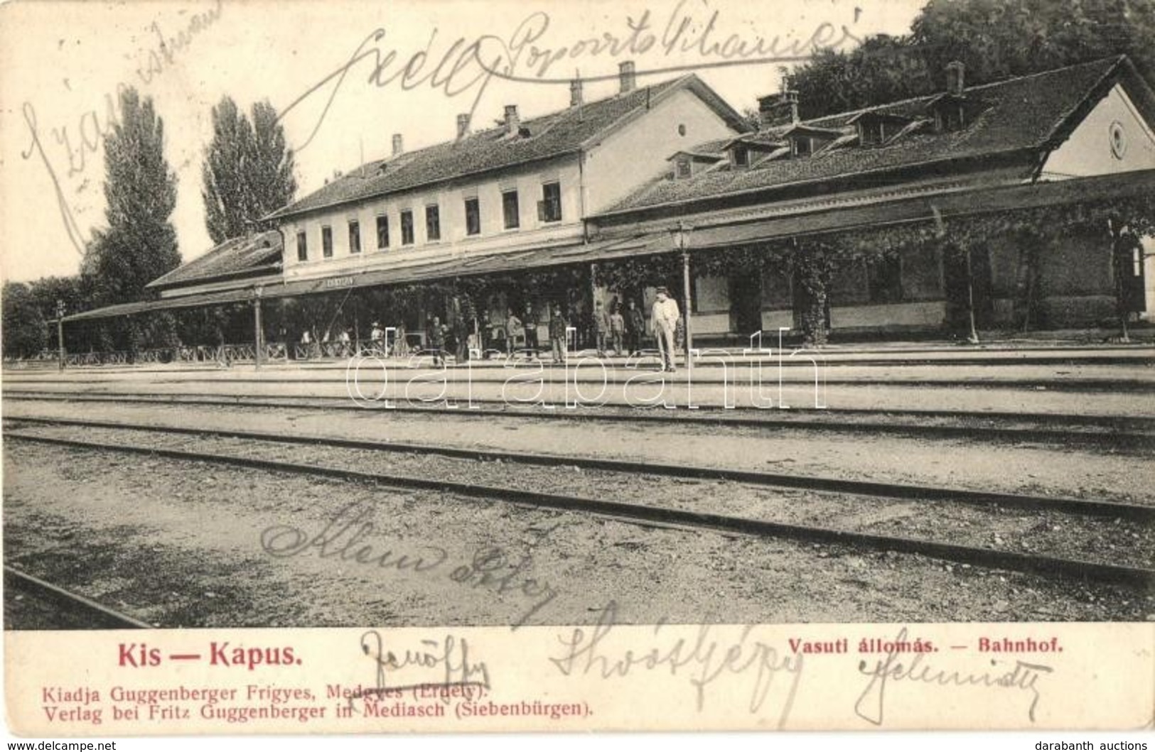 T2 1906 Kiskapus, Kleinkopisch, Copsa Mica; Vasútállomás, Vasutasok. Kiadja Guggenberger Frigyes / Bahnhof / Railway Sta - Non Classés