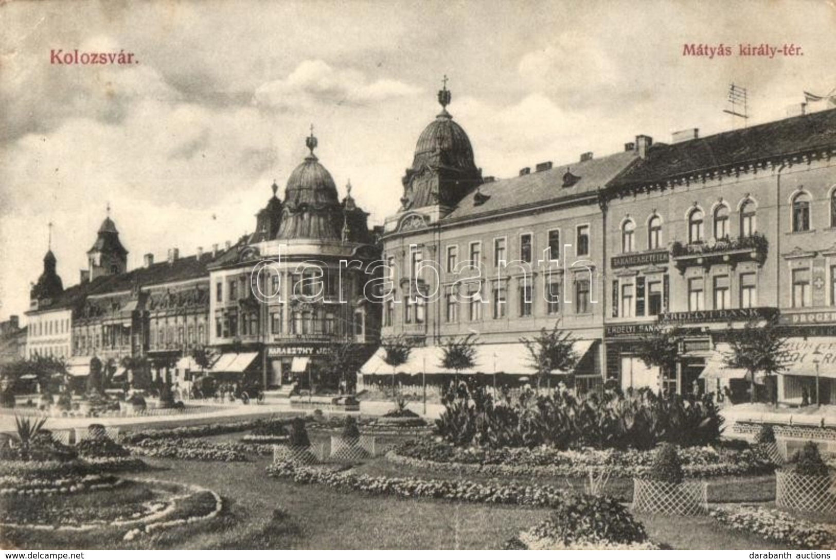 T2/T3 1912 Kolozsvár, Cluj; Mátyás Király Tér, Erdélyi Bank, Drogéria, Biztosító Társaság, Haraszthy J. üzlete / Square, - Unclassified