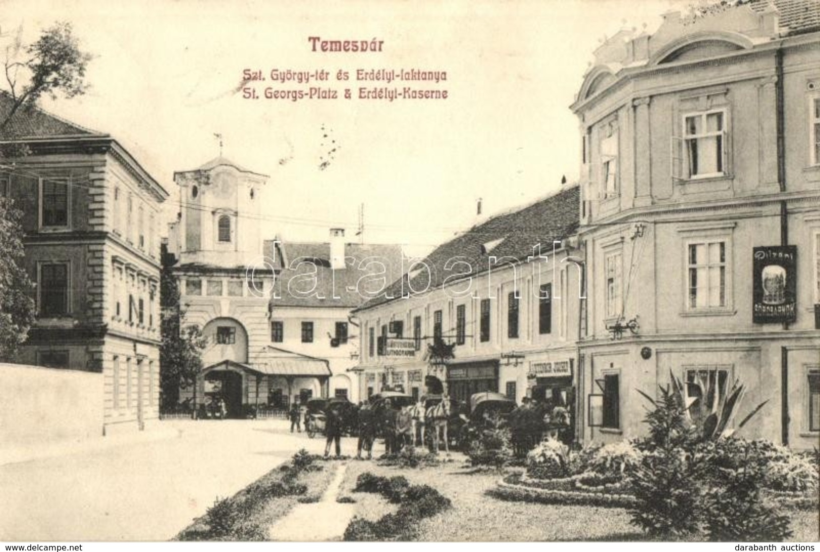 T2 1908 Temesvár, Timisoara; Szent György Tér és Erdélyi Laktanya, Leitenbor József üzlete, Kőnyomda (litográfia), Pilze - Sin Clasificación