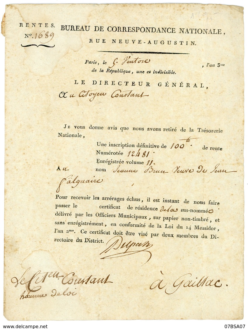 PARIS LAC 5 VENTOSE AN 3 (23/02/1795) CONTRESEING LENAIN N°82 ECHOPPE DES 3 LYS ET ROYAL  "BUREAU ... CORRESPONDANCE GEN - 1701-1800: Précurseurs XVIII