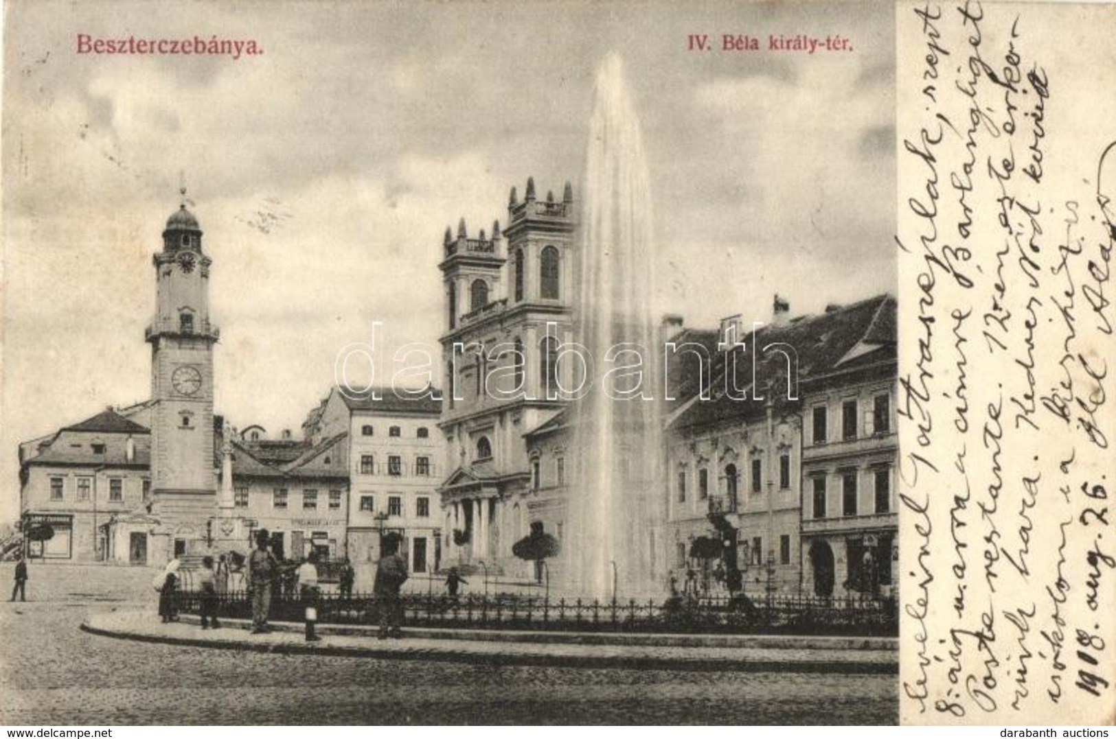 T2/T3 Besztercebánya, Banská Bystrica; IV. Béla Király Tér, Szökőkút, Strelinger Jakab üzlete / Square, Fountain, Shop ( - Unclassified