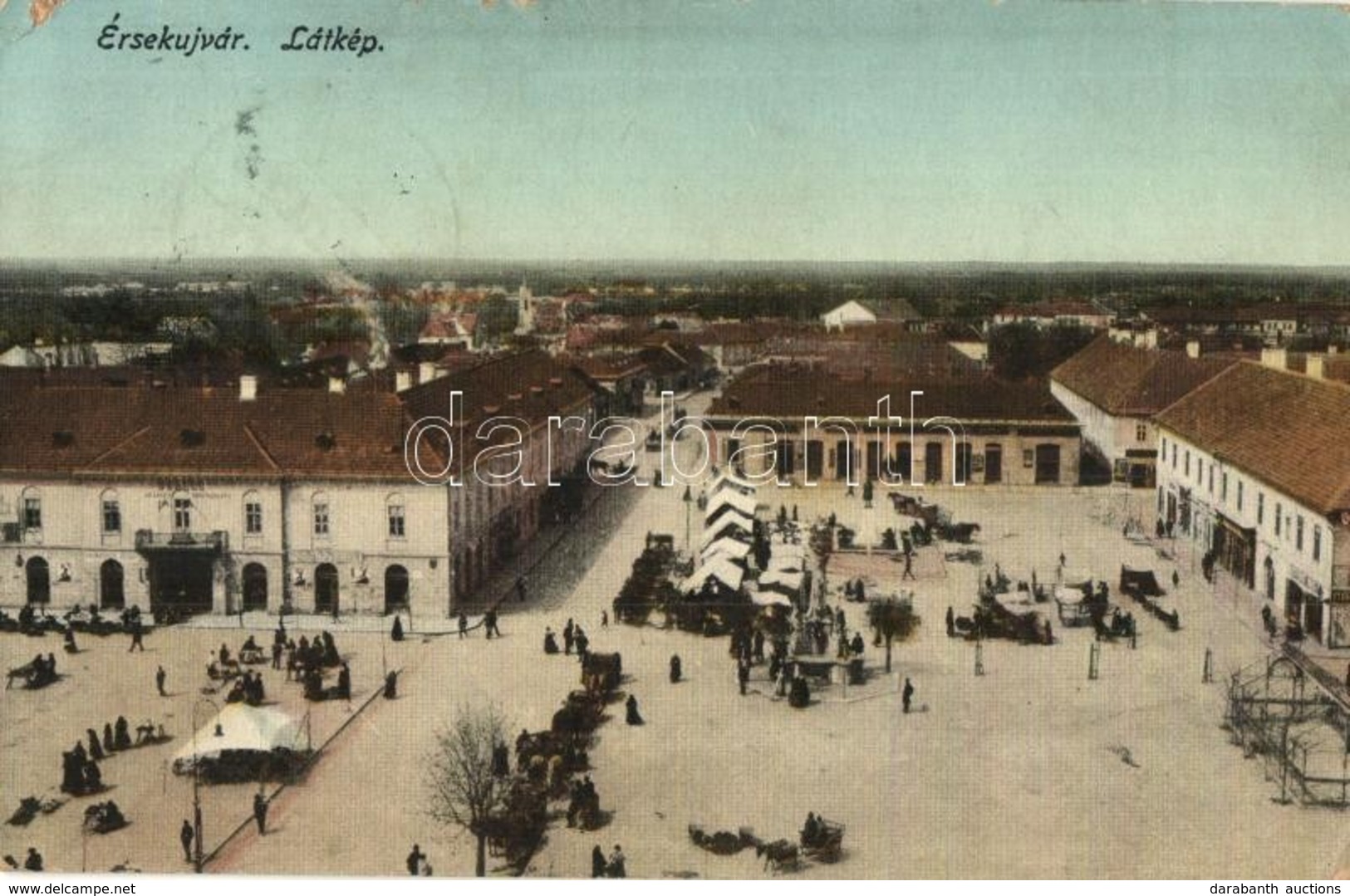 T3 Érsekújvár, Nové Zamky; Látkép, Piac, Arany Oroszlán Szálloda, Kiadja Adler József / Panorama View, Market, Hotel (ko - Unclassified