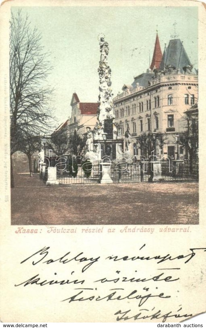 T3/T4 1901 Kassa, Kosice; Fő Utca, Andrássy Udvar, Szentháromság Szobor / Main Street With Palace, Trinity Monument (EM) - Sin Clasificación