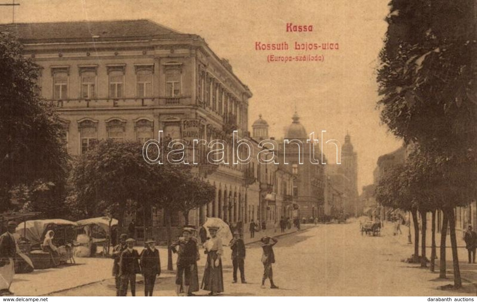 T2/T3 1909 Kassa, Kosice; Kossuth Lajos Utca, Fritsch Európa Szálloda, Piaci árusok. 16. / Street View, Hotel, Market Ve - Unclassified