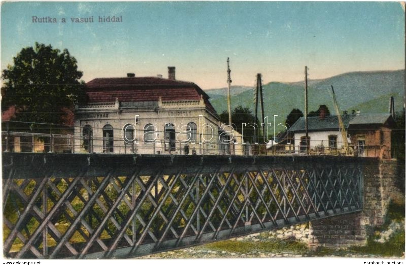 T2/T3 Ruttka, Vrutky; Vasúti Híd, Sorompó, Kávéház és Vendéglő, étterem / Railway Bridge, Barrier, Café, Restaurant (EK) - Non Classés