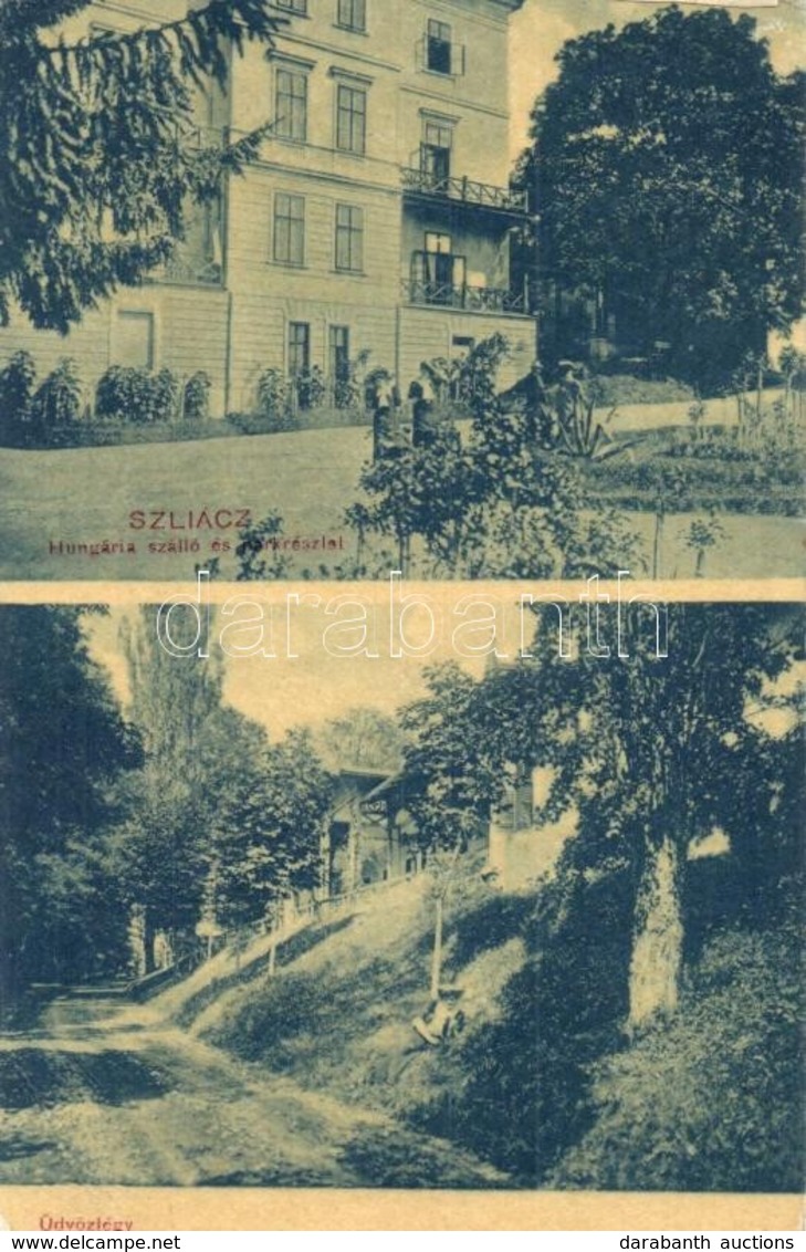 T2/T3 Szliács, Sliac; Hungária Szálló és Park, Üdvözlégy Villa. Machold F. 14227. / Hotel, Park And Villa (EK) - Unclassified