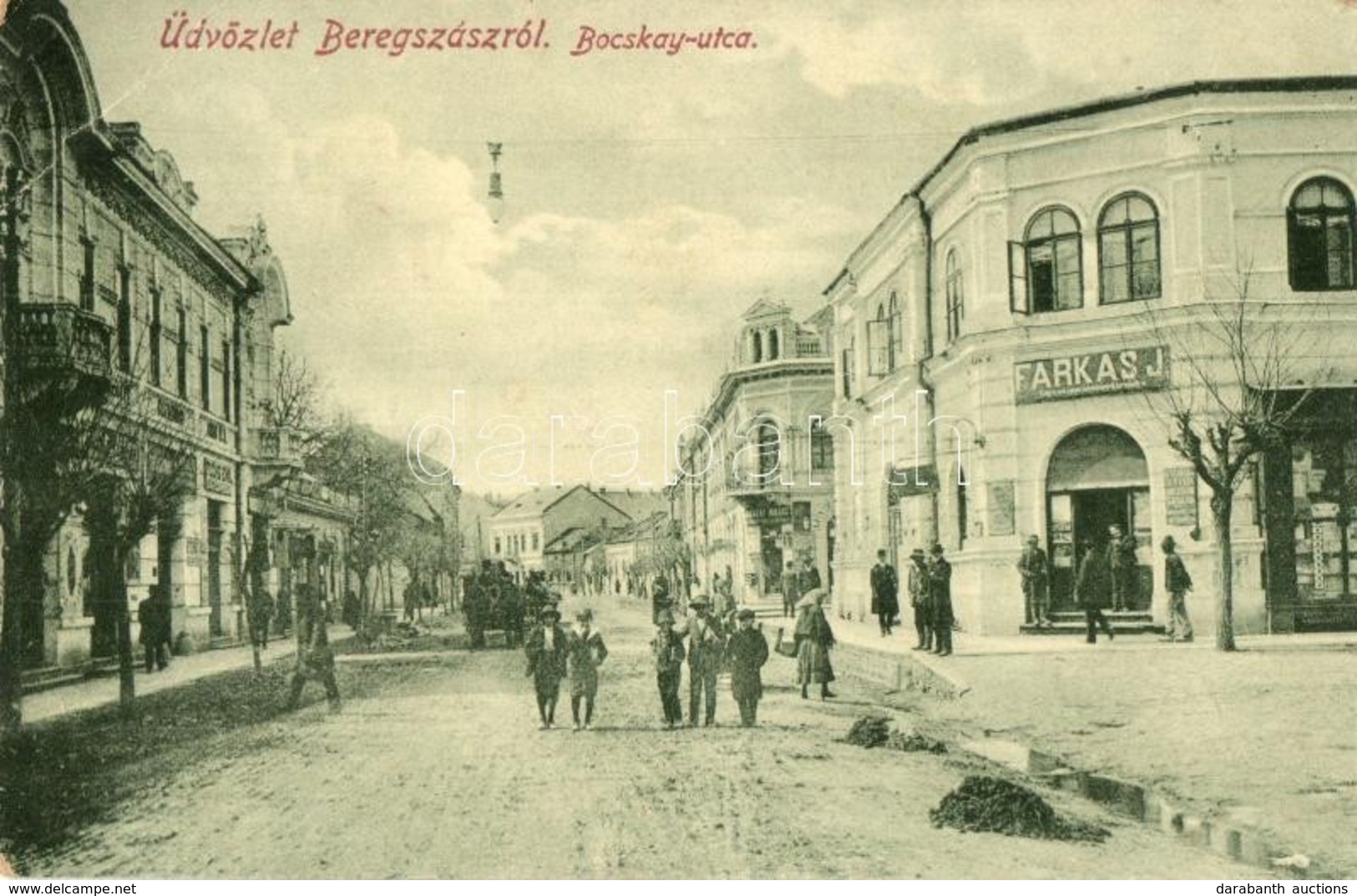 ** T3 Beregszász, Berehove; Bocsky Utca, Farkas J., Fuchs Emil és Jászay Ignácz üzlete. W.L. Bp. 6054./ Street View, Sho - Non Classés