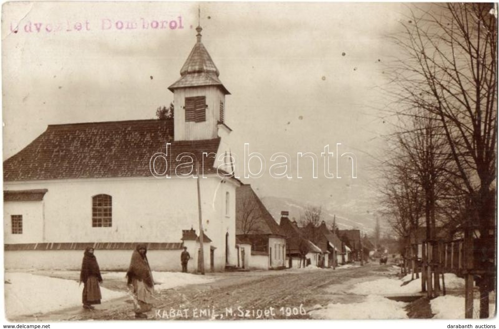 * T2/T3 1906 Dombó, Dambu, Dubove; Utcakép, Templom Télen / Street View, Church, Winter. Kabát Emil M.Sziget Photo (EK) - Non Classés