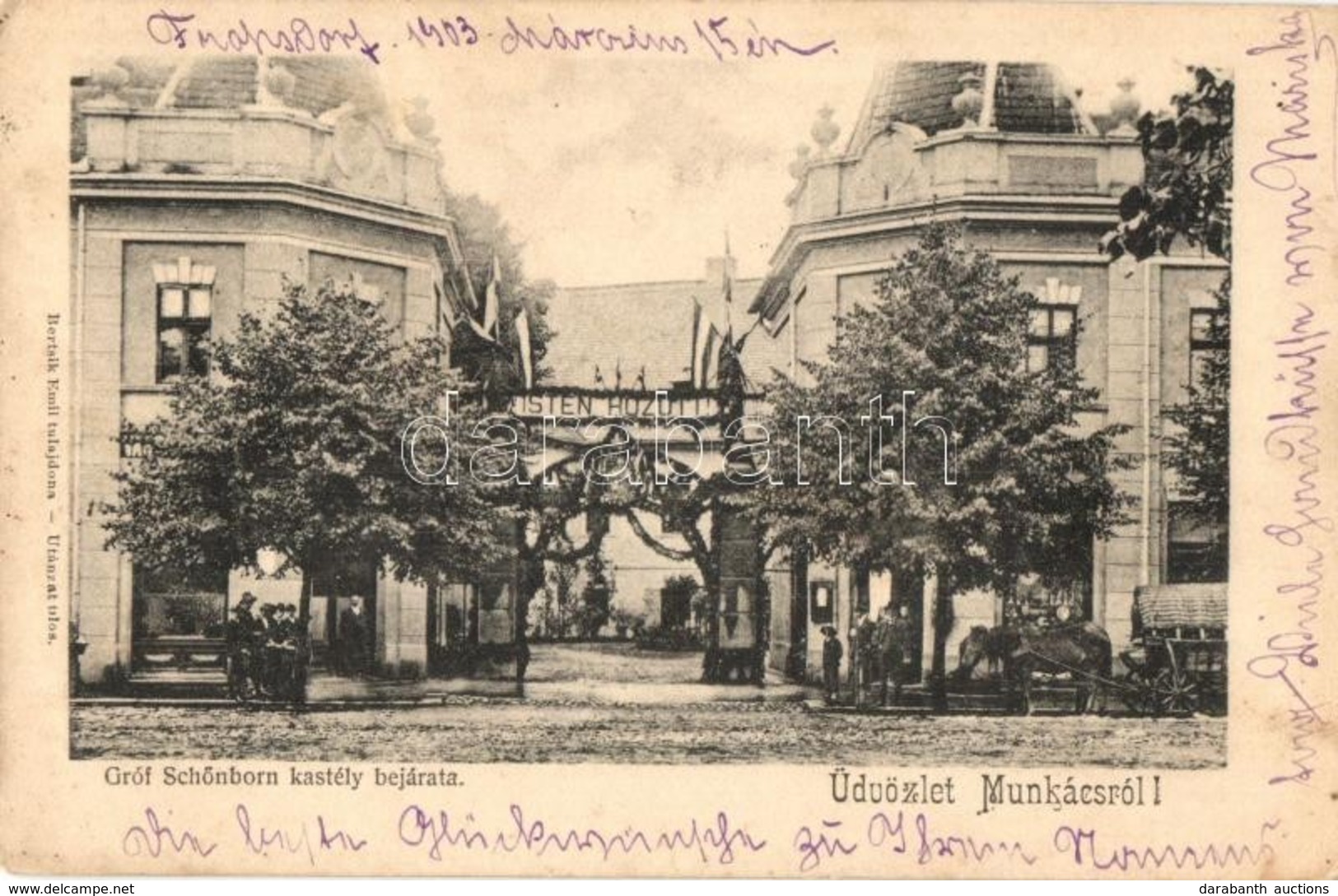 T2 1903 Munkács, Mukacheve, Mukacevo; Gróf Schönborn Kastély Bejárata. Bertsik Emil Tulajdona / Castle - Unclassified