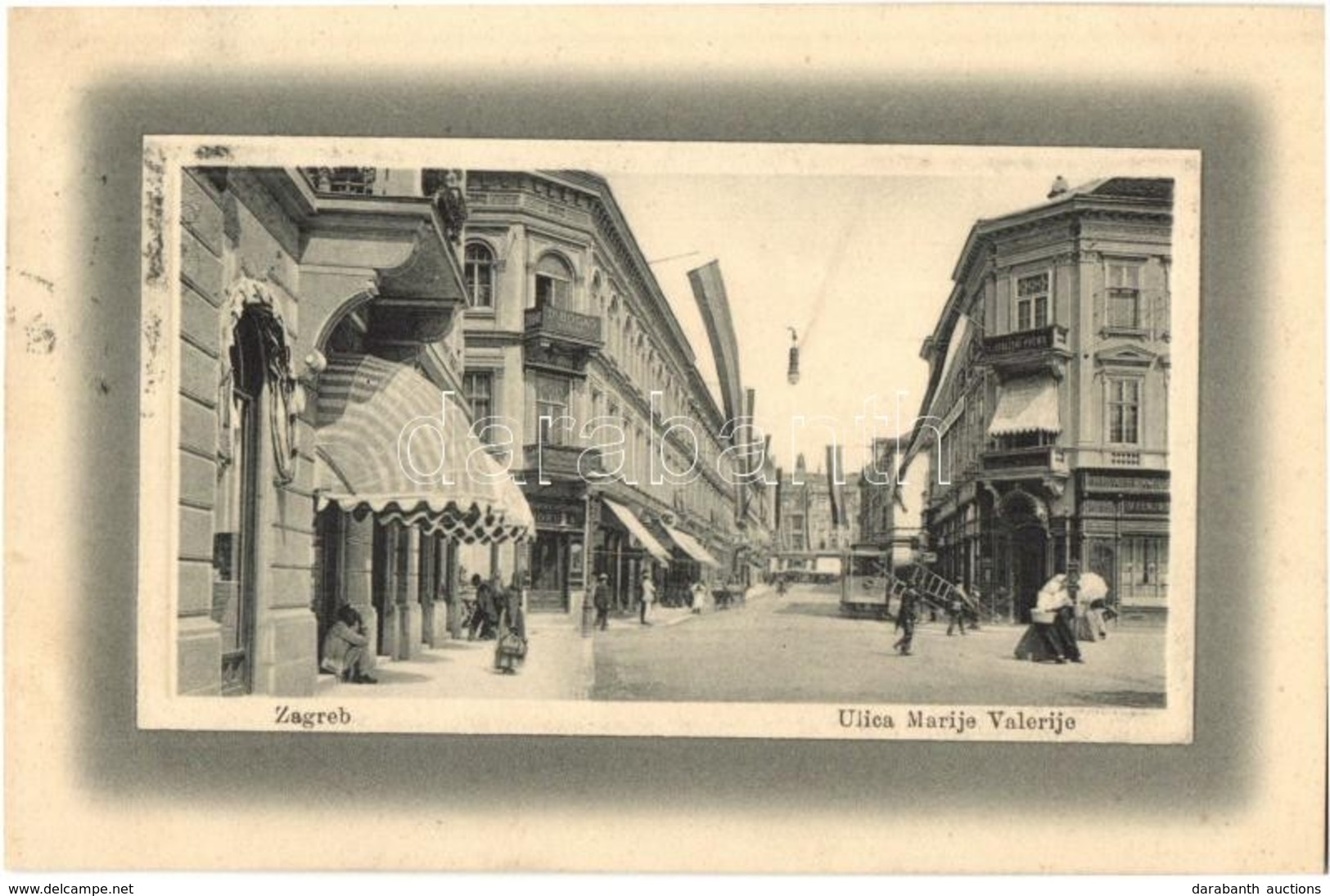 T2 Zagreb, Zágráb; Ulica Marije Valerije, Dr. Bogad Zubar, Strijski Phonix / Street View With Hungarian Flags, Tram, Den - Ohne Zuordnung