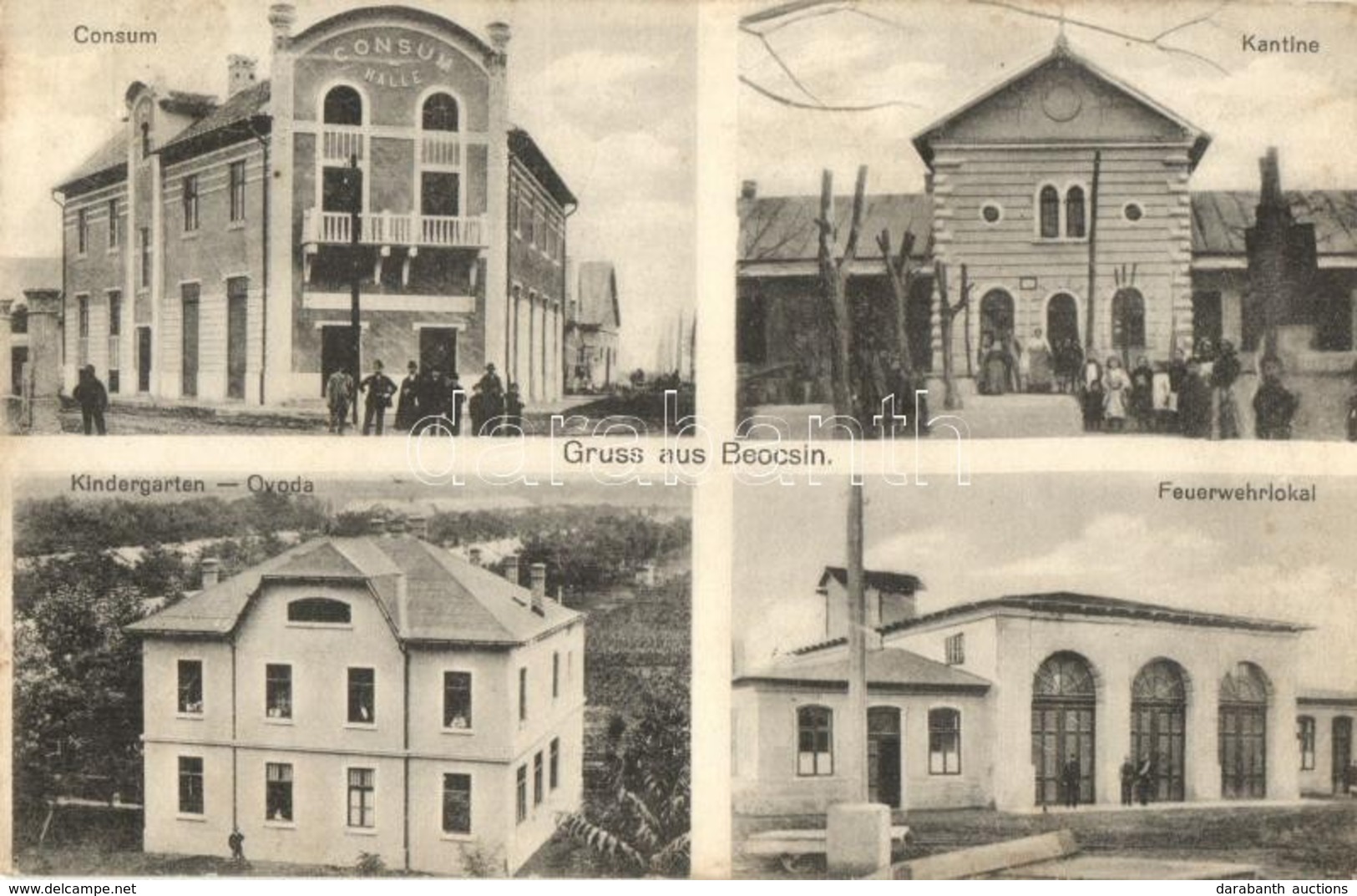 T2 1914 Belcsény, Beocsin, Beocin; Consum Halle, Katnine, Kindergarten, Feuerwehrlokal / áruház, Kantin, étterem, óvoda, - Unclassified