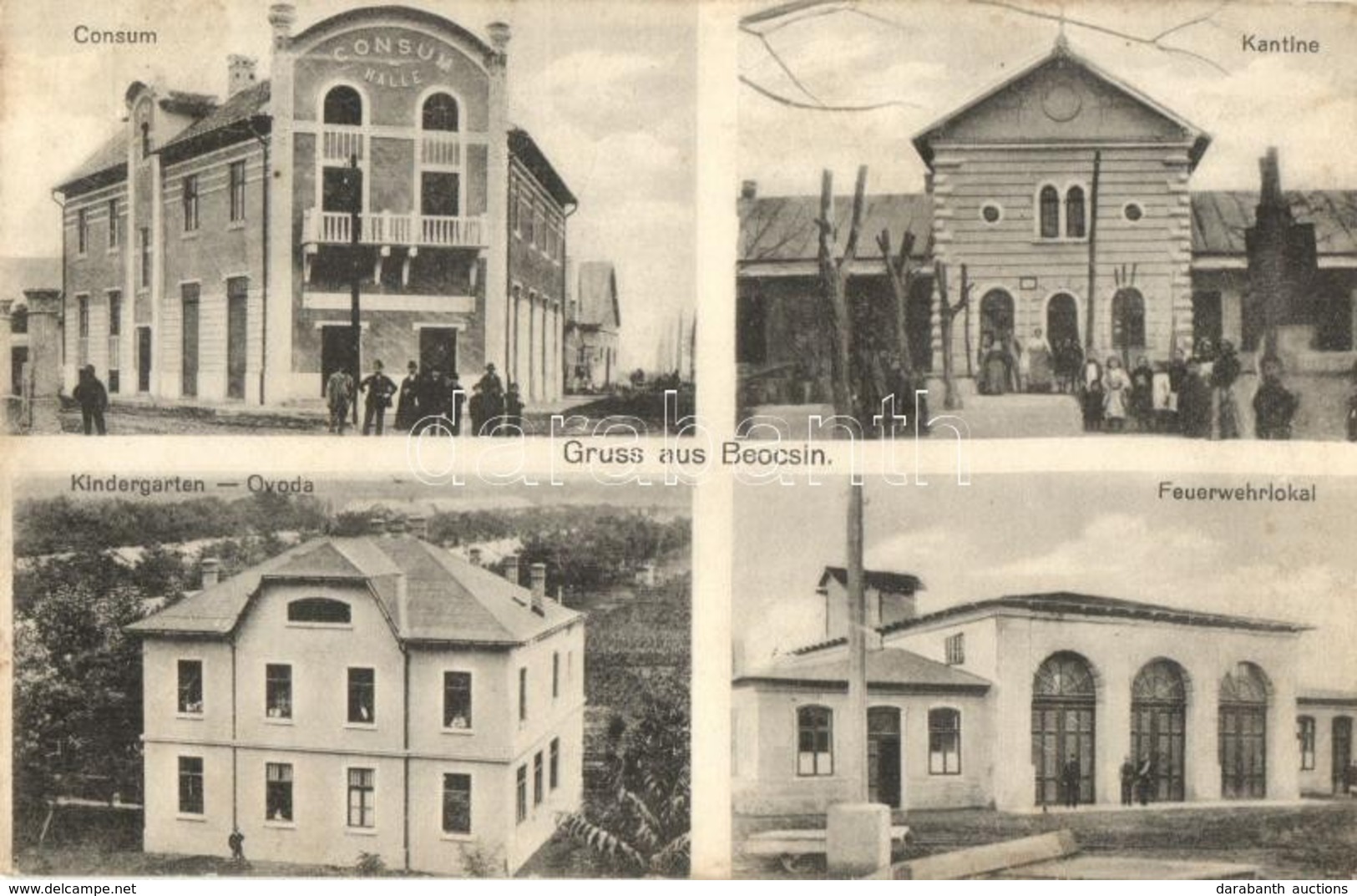 T2 1914 Belcsény, Beocsin, Beocin; Consum Halle, Katnine, Kindergarten, Feuerwehrlokal / áruház, Kantin, étterem, óvoda, - Ohne Zuordnung