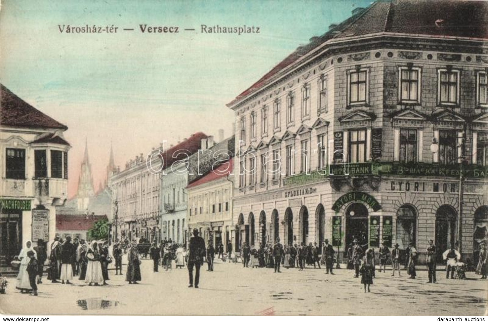 T2/T3 1912 Versec, Vrsac; Városház Tér, Győri Mór, G. Florian & Comp. üzlete, Hungaria Szálloda, Verseczi Hitelbank. Kia - Non Classés