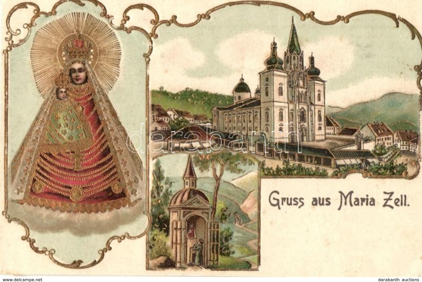 ** T4 Mariazell, Basilika, Gnadenknapelle / Basilica, Church, Chapel, Mary Statue, Holy Image. Art Nouveau, Emb. Golden  - Unclassified