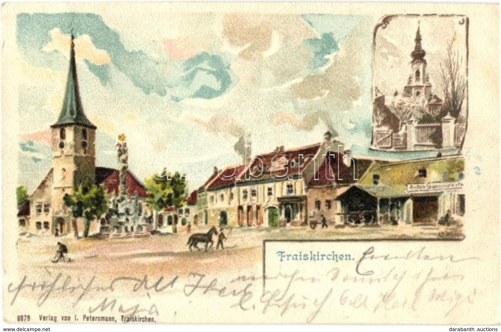 T2 Traiskirchen, Main Square, Church, Trinity Statue, Shop, Verlag Von I. Petersmann, Litho S: C. Weniy - Unclassified