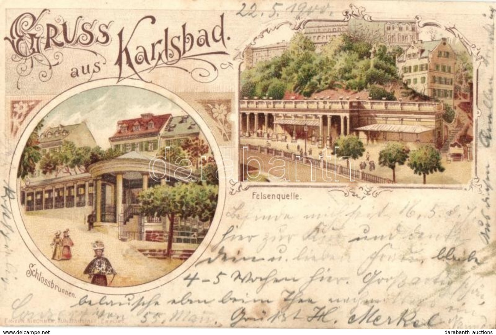 T2 1900 Karlovy Vary, Karlsbad; Felsenquelle, Schlossbrunnen / Fountains, Friedrich Kirchner Kunstanstalt Art Nouveau Li - Unclassified
