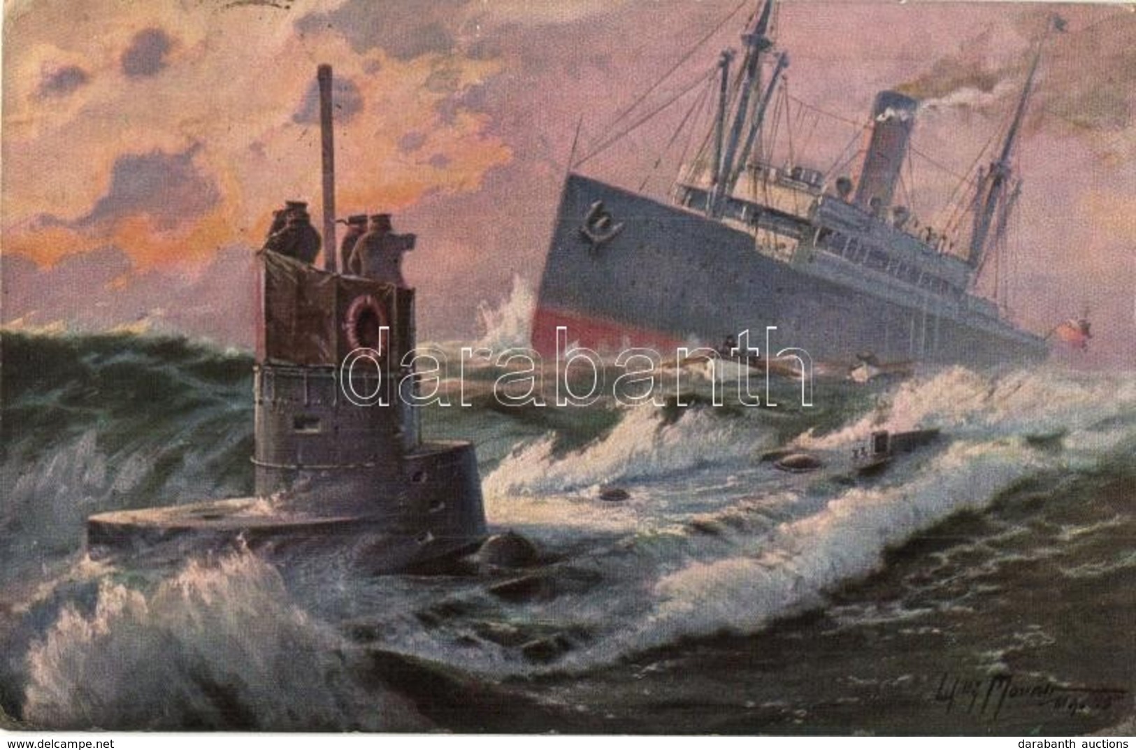 T2/T3 Durch Unterseeboot Torped Dampfer. Münchener Künstlerkarte No. 12. / WWI German Submarine Sinks A  Steamship S: Wi - Sin Clasificación