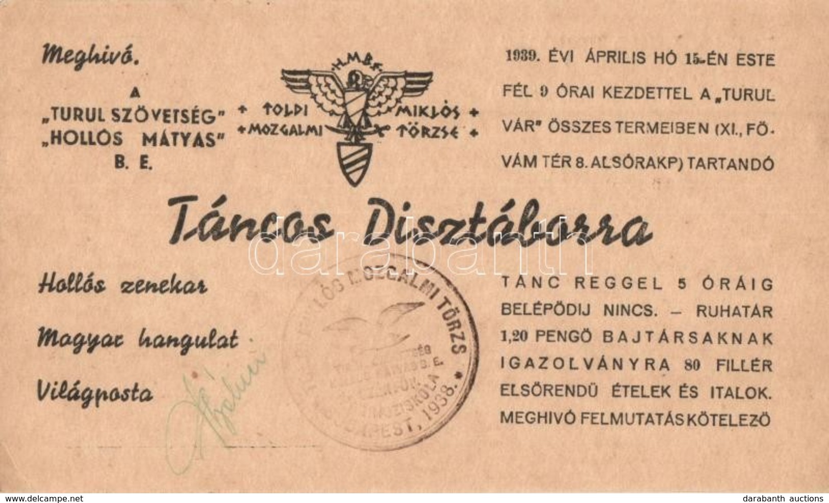 T2/T3 1938 Meghívó A Turul Szövetség Hollós Mátyás B. E. Toldi Miklós Törzs Táncos Dísztáborába / Hungarian Irredenta In - Unclassified