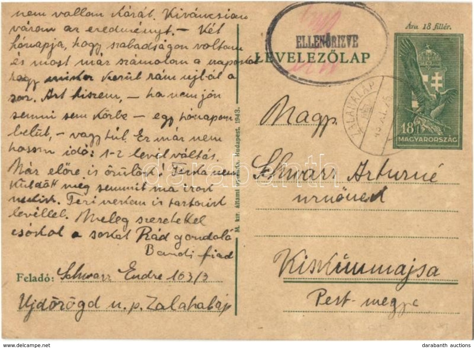 T2/T3 1943 Schwarz Endre Zsidó KMSZ (közérdekű Munkaszolgálatos) Levele édesanyjának Az újdörögdi Munkatáborból Schwarz  - Sin Clasificación