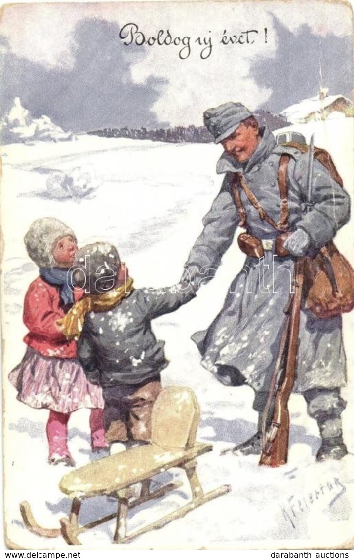 ** T2/T3 Boldog Újévet! / WWI K.u.K. New Year Greeting Card With Soldier And Children In The Snow, Sled, B.K.W.I. 3162-2 - Unclassified