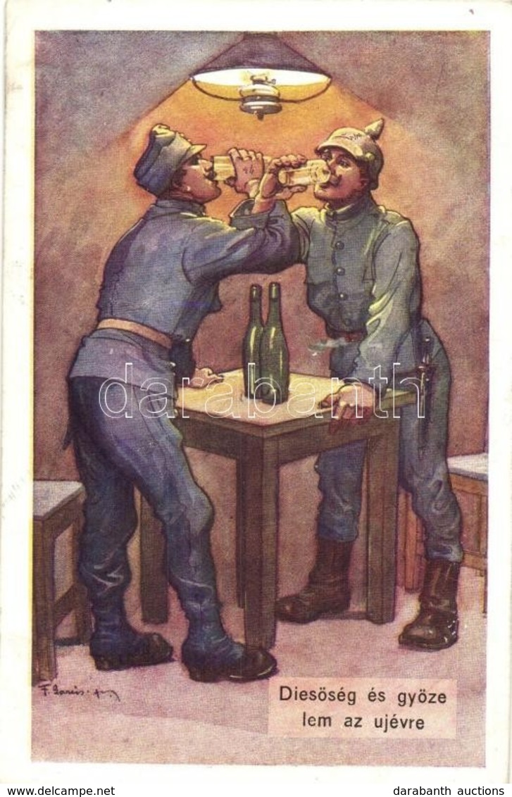T2 Dicsőség és Győzelem Az újévre / WWI K.u.K. New Year Greeting Card With Drinking Soldiers, Kunstanstalt Dom. Habernal - Ohne Zuordnung