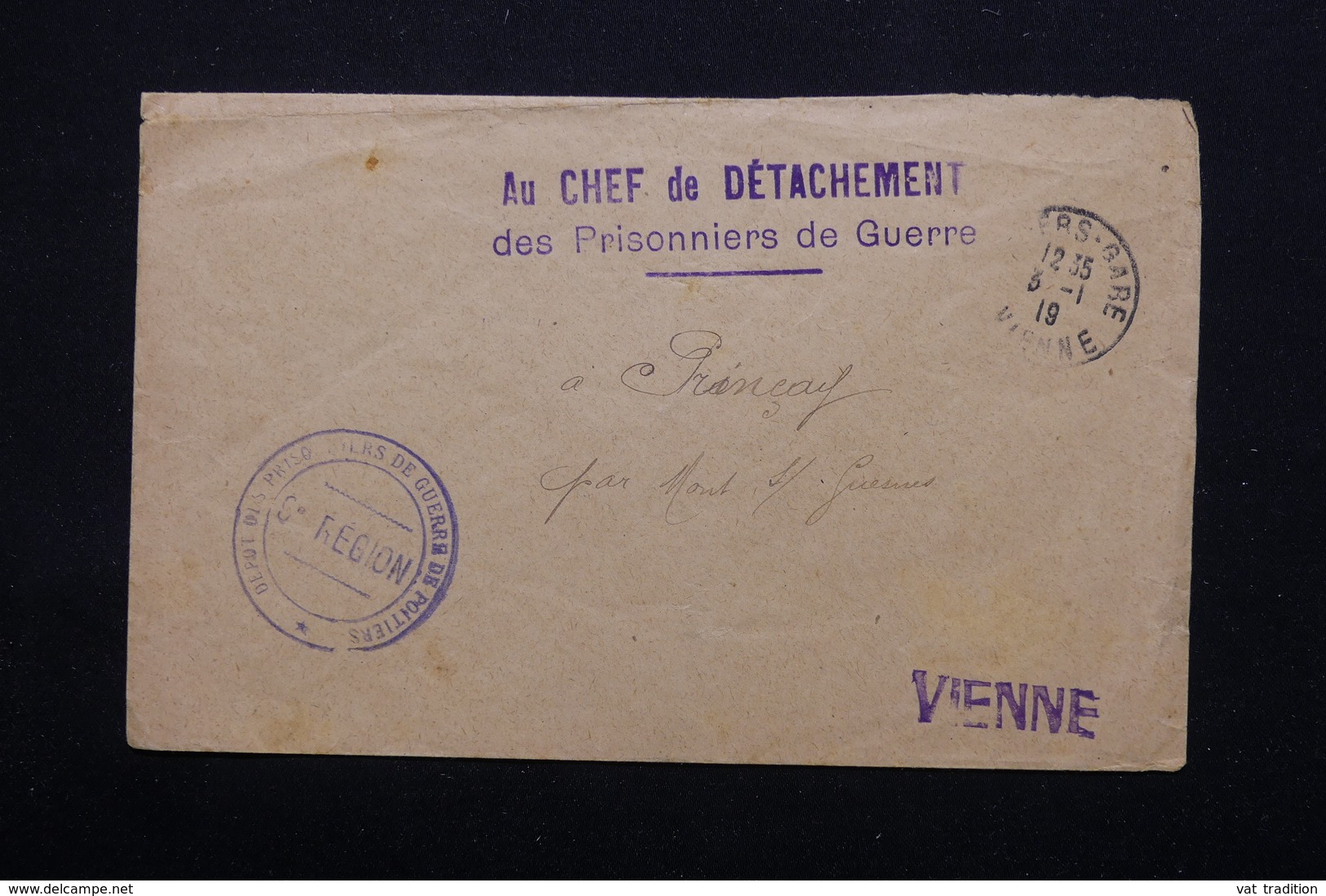 FRANCE - Enveloppe Du Dépôt De Prisonniers De Guerre De Poitiers Pour Princay En 1919 - L 21301 - Guerre De 1914-18