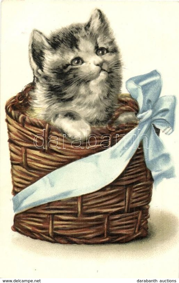 ** T2 Cat In A Ribboned Basket. Emb. Litho - Unclassified