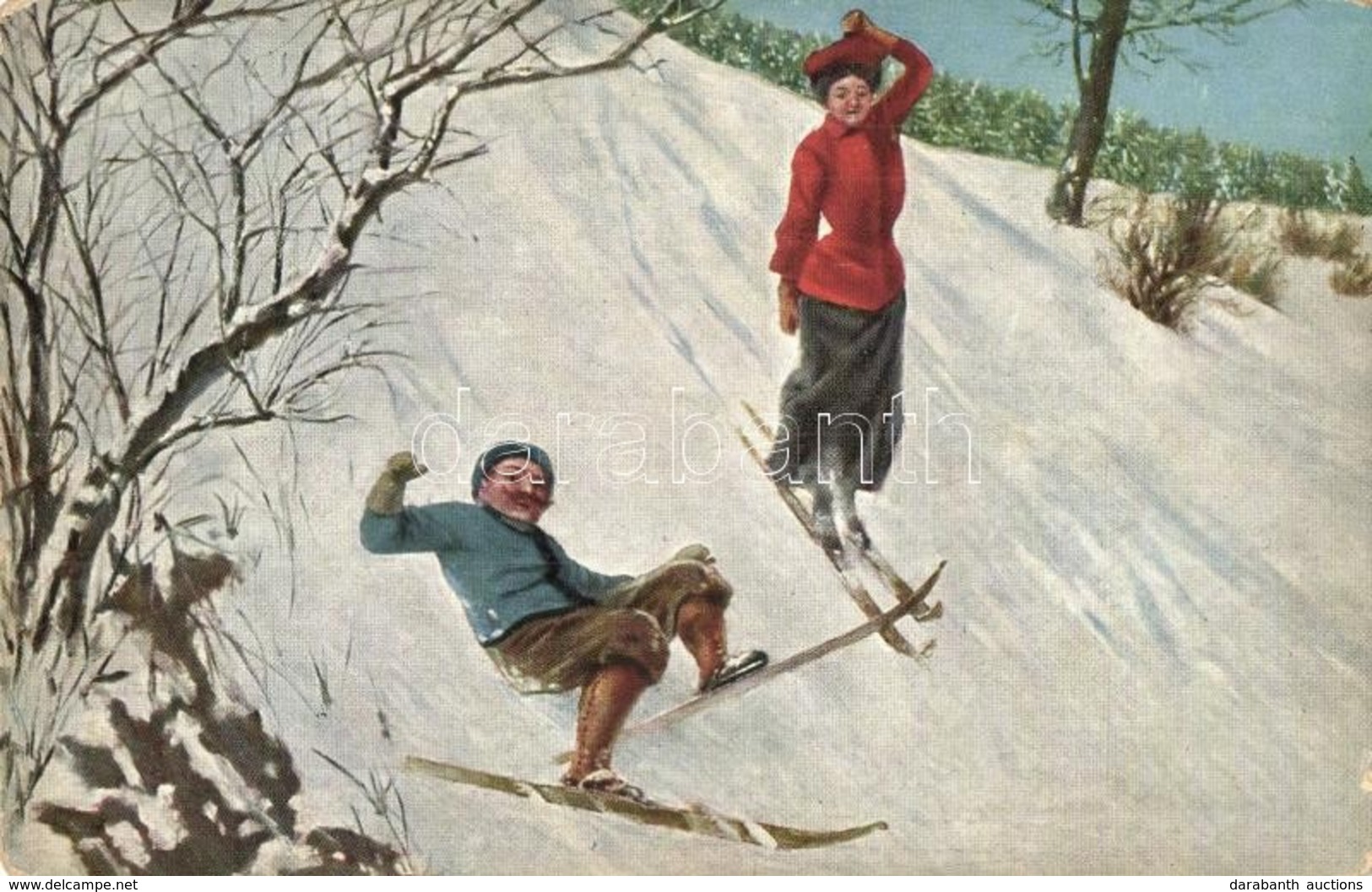 * T2/T3 Skiing Couple, Humour. F.E.D. No. 330. - Ohne Zuordnung
