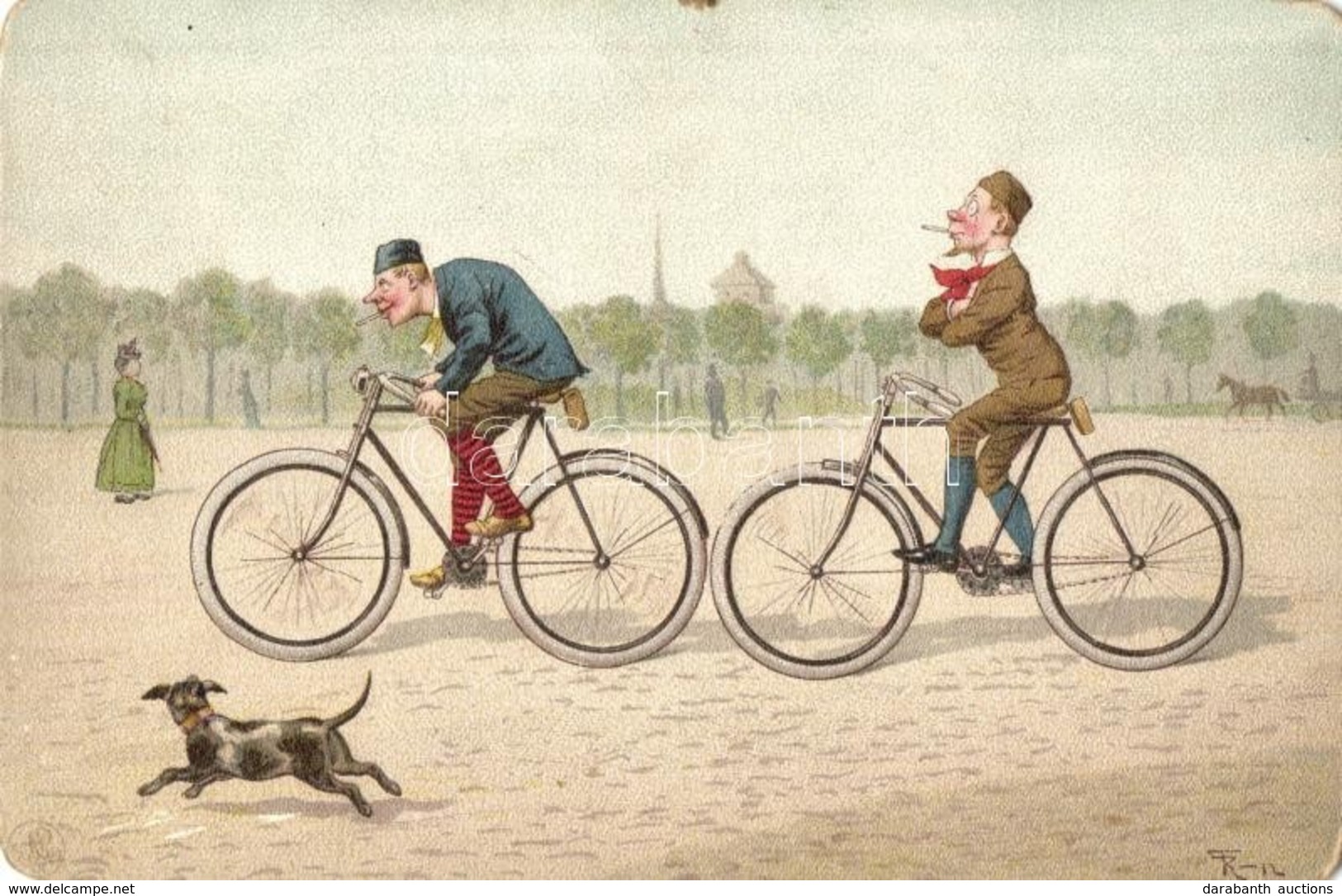* T2/T3 Gentlemen On Bicycles. Litho, Artist Signed (worn Corners) - Ohne Zuordnung