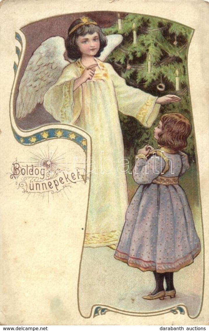** T3 Boldog Ünnepeket / Christmas Greeting Postcard, Angel, Atr Nouveau Litho (kis Szakadás / Small Tear) - Ohne Zuordnung