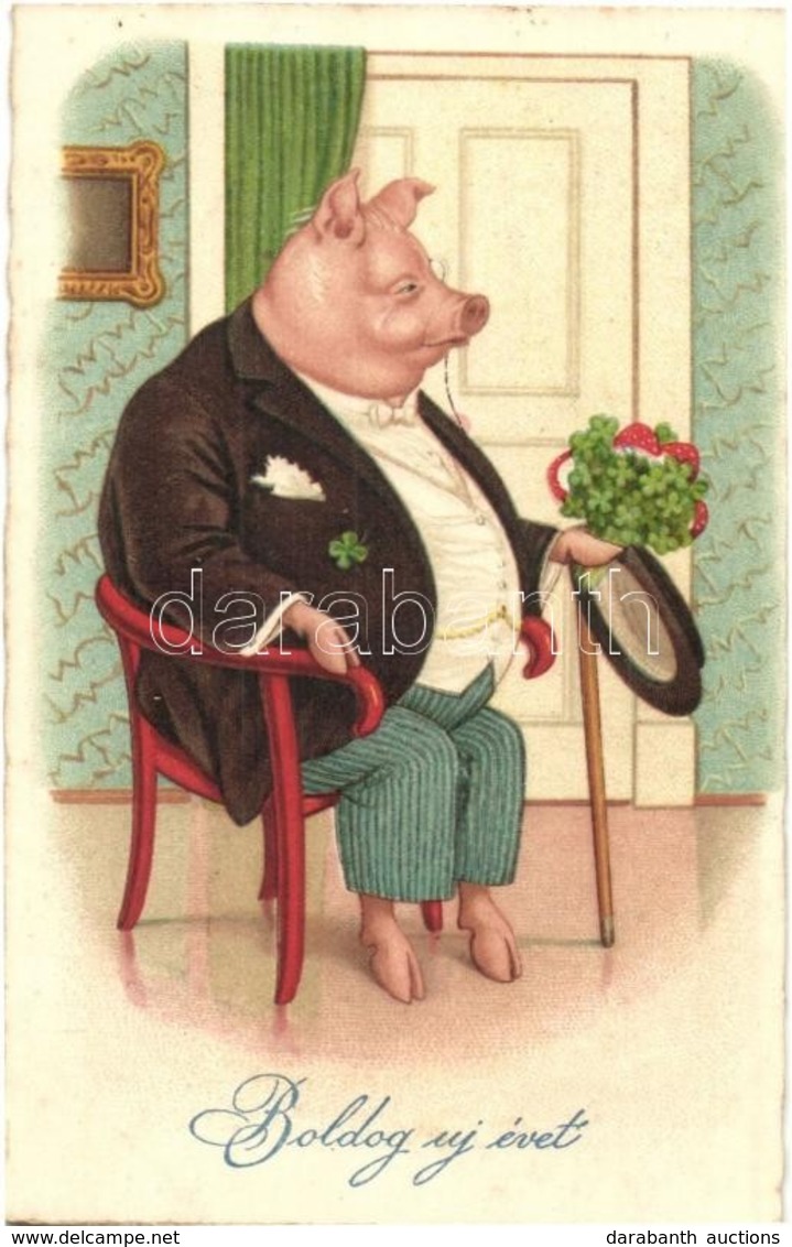 T2 Boldog Újévet! / New Year Greeting Art Postcard With Gentleman Pig. Amag No. 2435. Litho - Non Classés