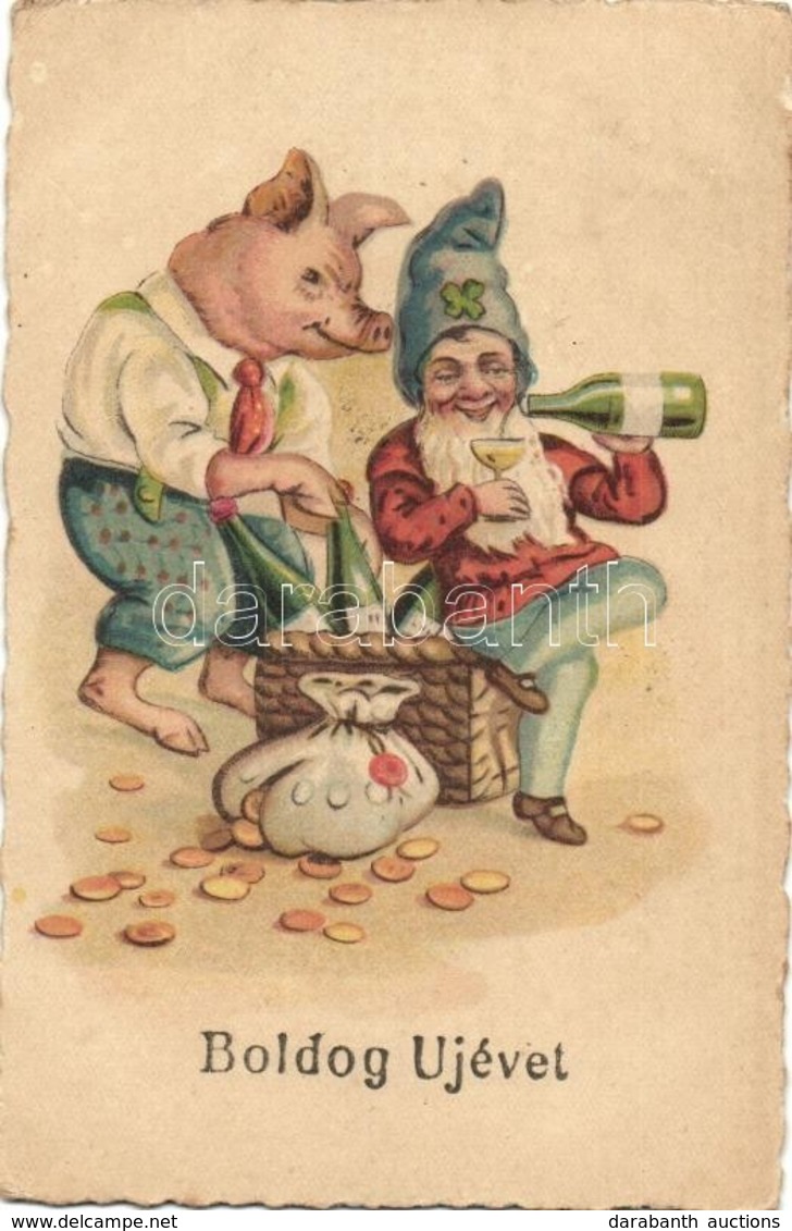 T2 1929 Boldog Újévet! / New Year Greeting Art Postcard With Pig And Dwarf Drinking Champagne. Litho - Unclassified