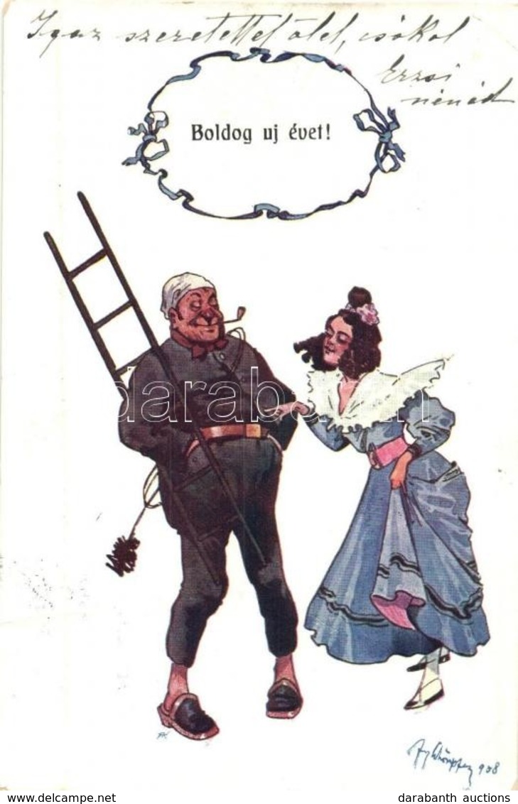 T2/T3 Boldog új évet! / New Year Greeting Postcard, Chimney Sweeper, Lady, B.K.W.I. 2503-3 (EK) - Unclassified