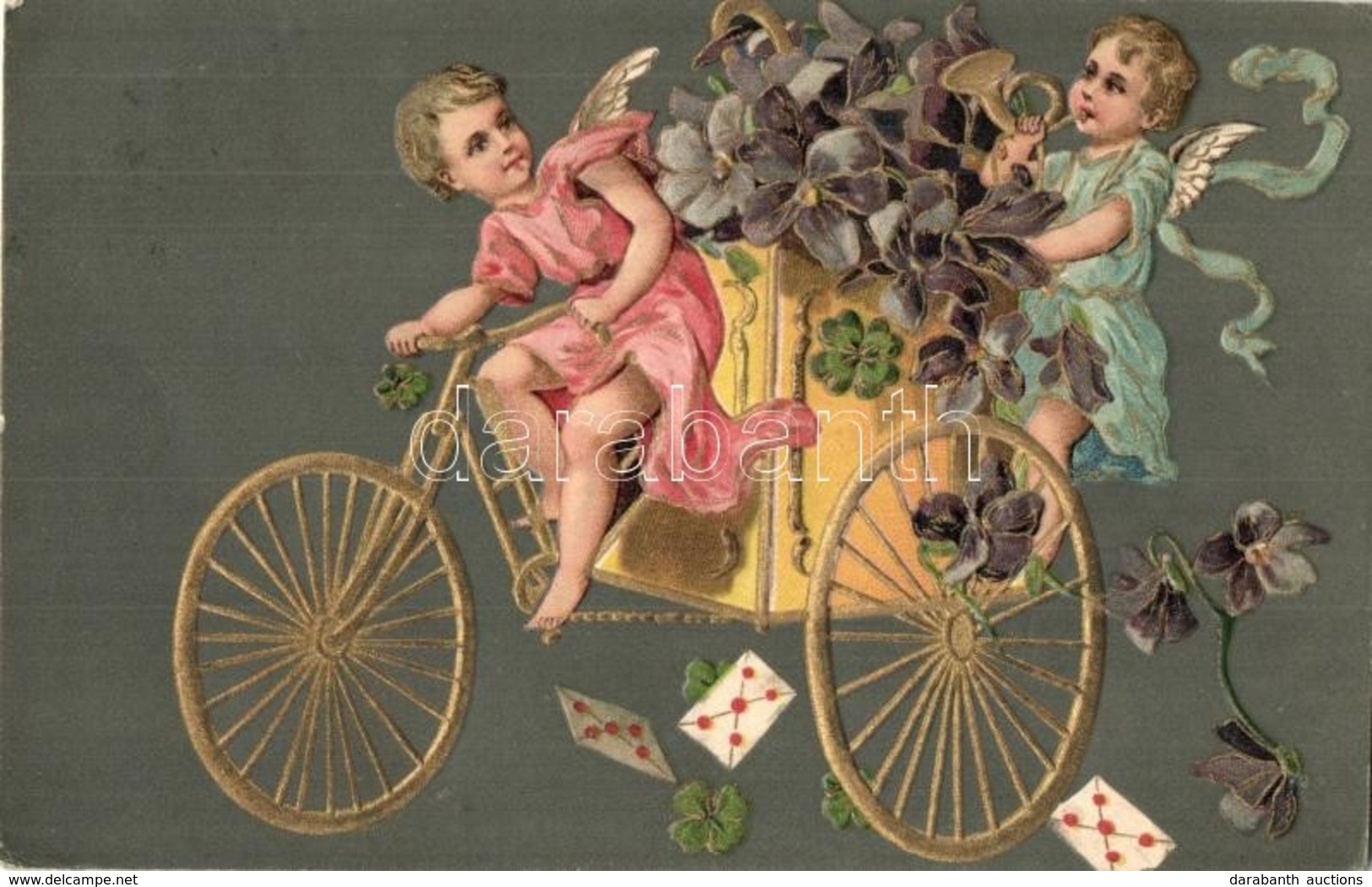 T2 1909 Greeting Art Postcard With Angels On Tricycle. Emb. Litho - Unclassified