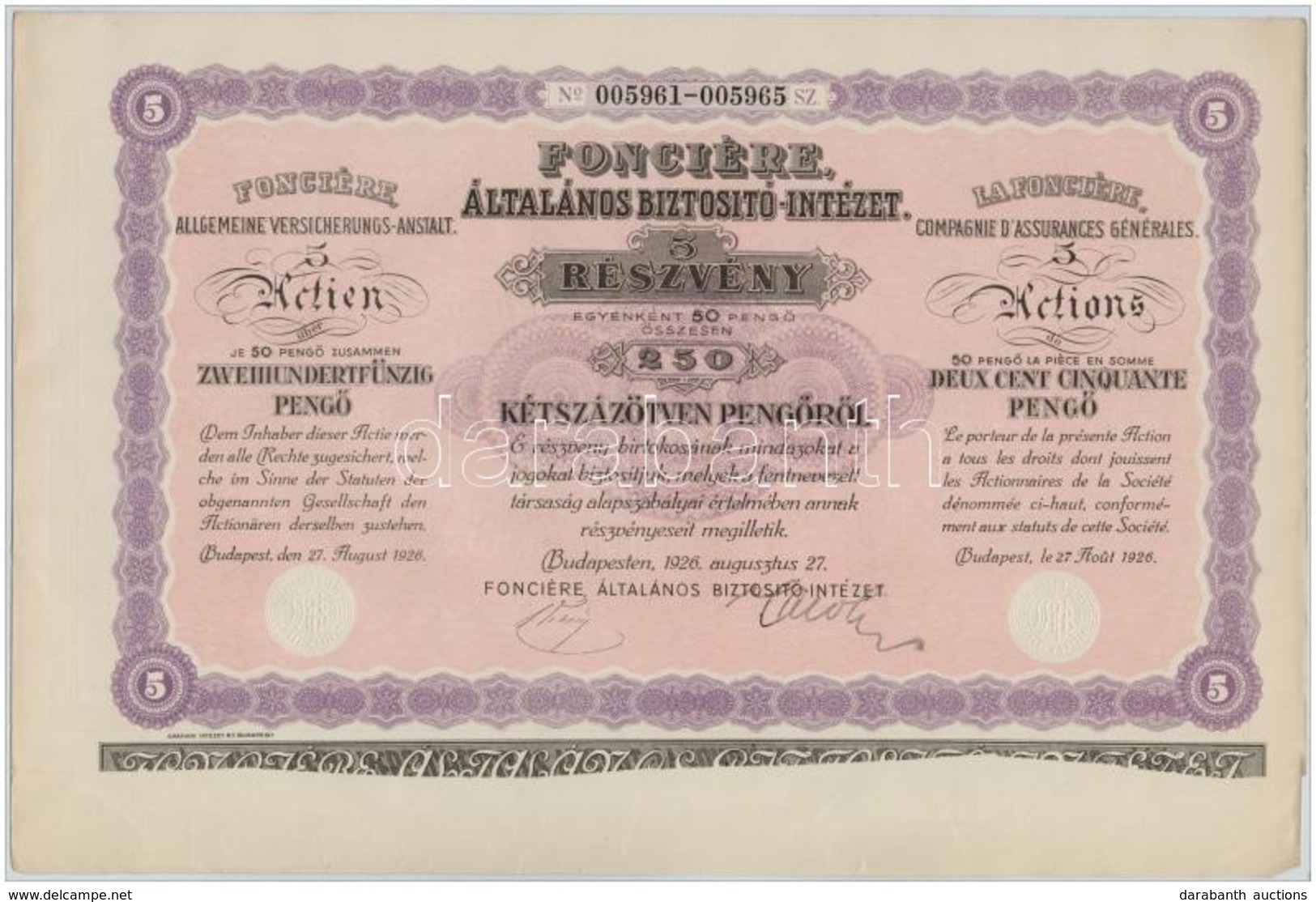 Budapest 1926. 'Fonciére Általános Biztosító Intézet' öt Részvénye Egyben, összesen 250P-ről, Vízjeles Papíron, Szárazpe - Unclassified