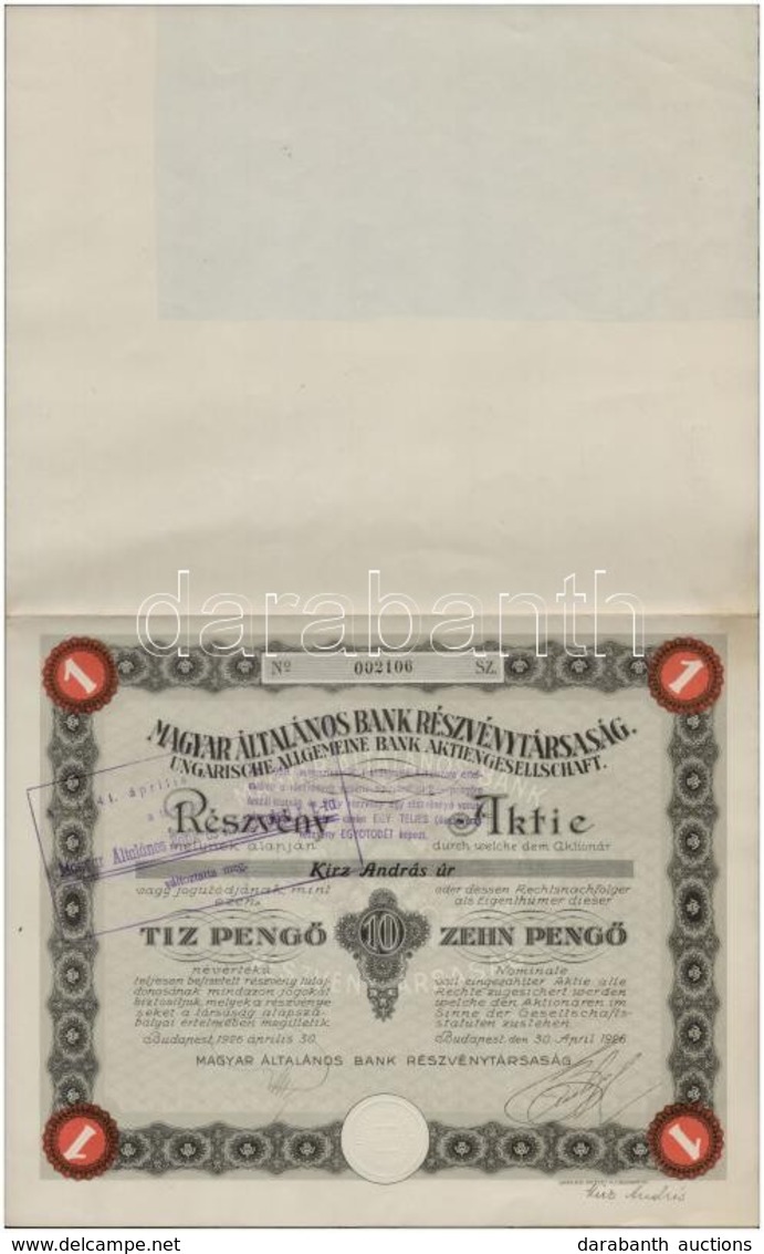 Budapest 1926. 'Magyar Általános Bank Részvénytársaság' Névre Szóló Részvénye 10P-ről, Vízjeles Papíron, Szárazpecséttel - Unclassified