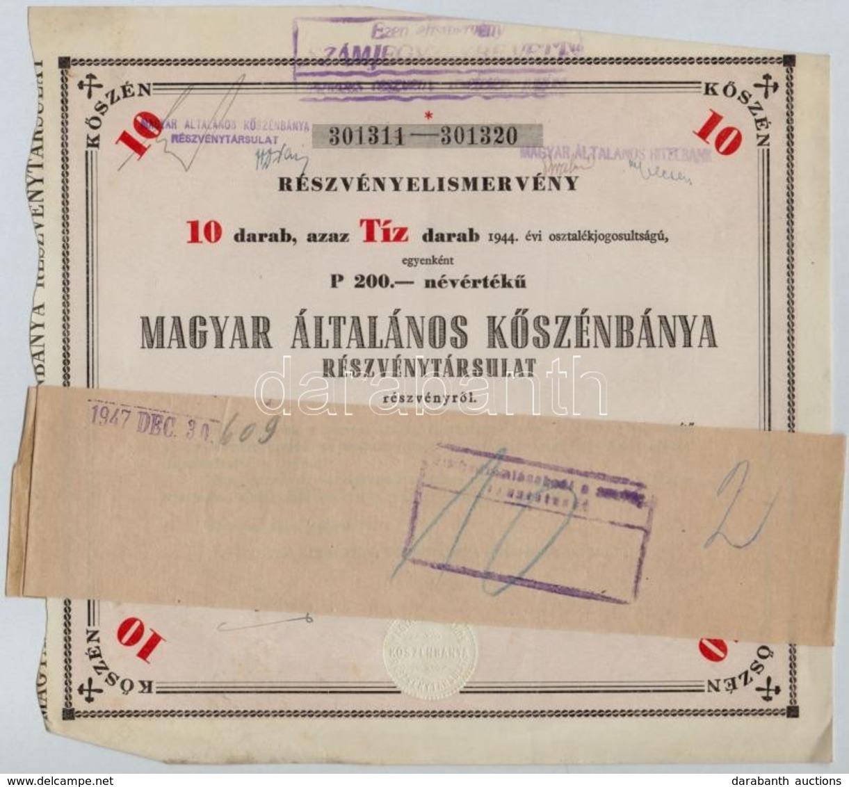 Budapest 1946. 'Magyar Általános Kőszénbánya Részvénytársulat' Részvényelismervénye 10db, Egyenként 200P Névértékű Részv - Sin Clasificación