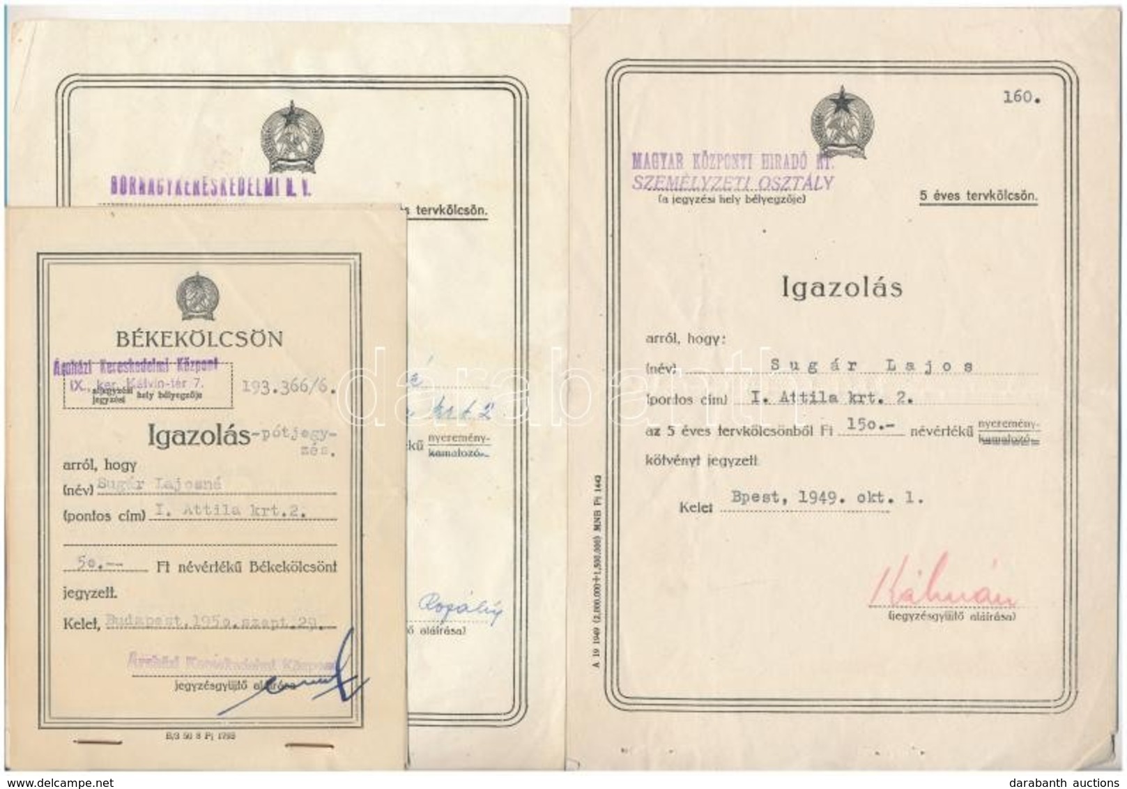 1949-1951. '5 éves Tervkölcsön', 'Békekölcsön' és 'Második Békekölcsön' Jegyzési Igazolások (9x) T:II,II- Ly. - Sin Clasificación