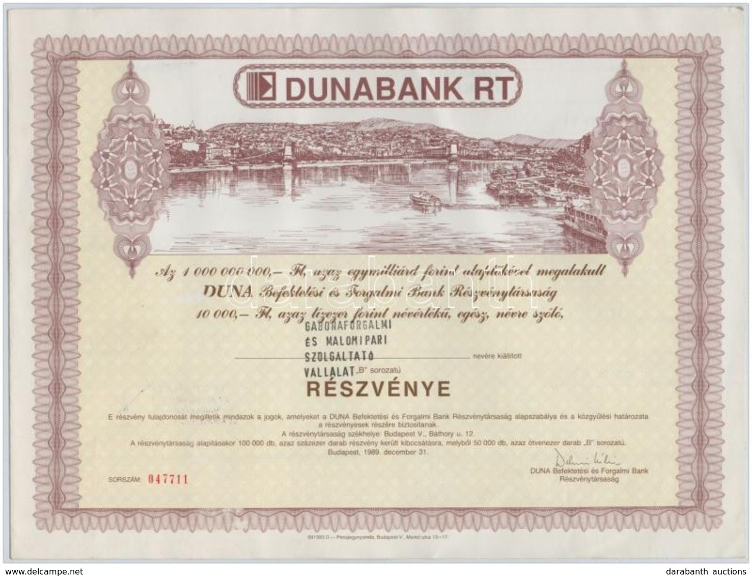 1989. 'Dunabank Rt.' Részvénye 10.000Ft-ról, Bélyegzéssekkel, Szelvényekkel T:II - Sin Clasificación