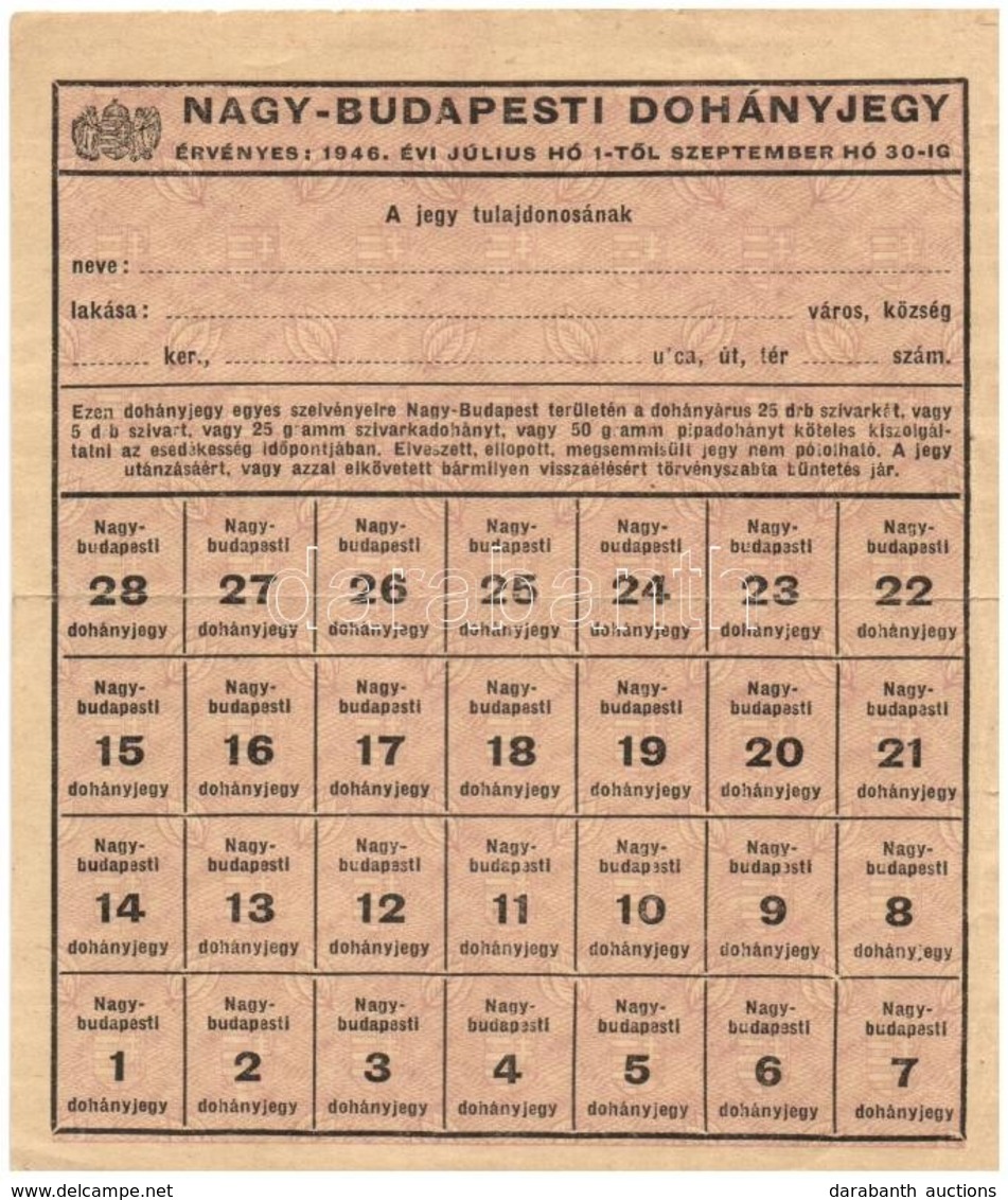 1946. 'Nagy-Budapesti Dohányjegy' Vízjeles Papíron, Kitöltetlen, Teljes Szelvényívvel T:II - Ohne Zuordnung