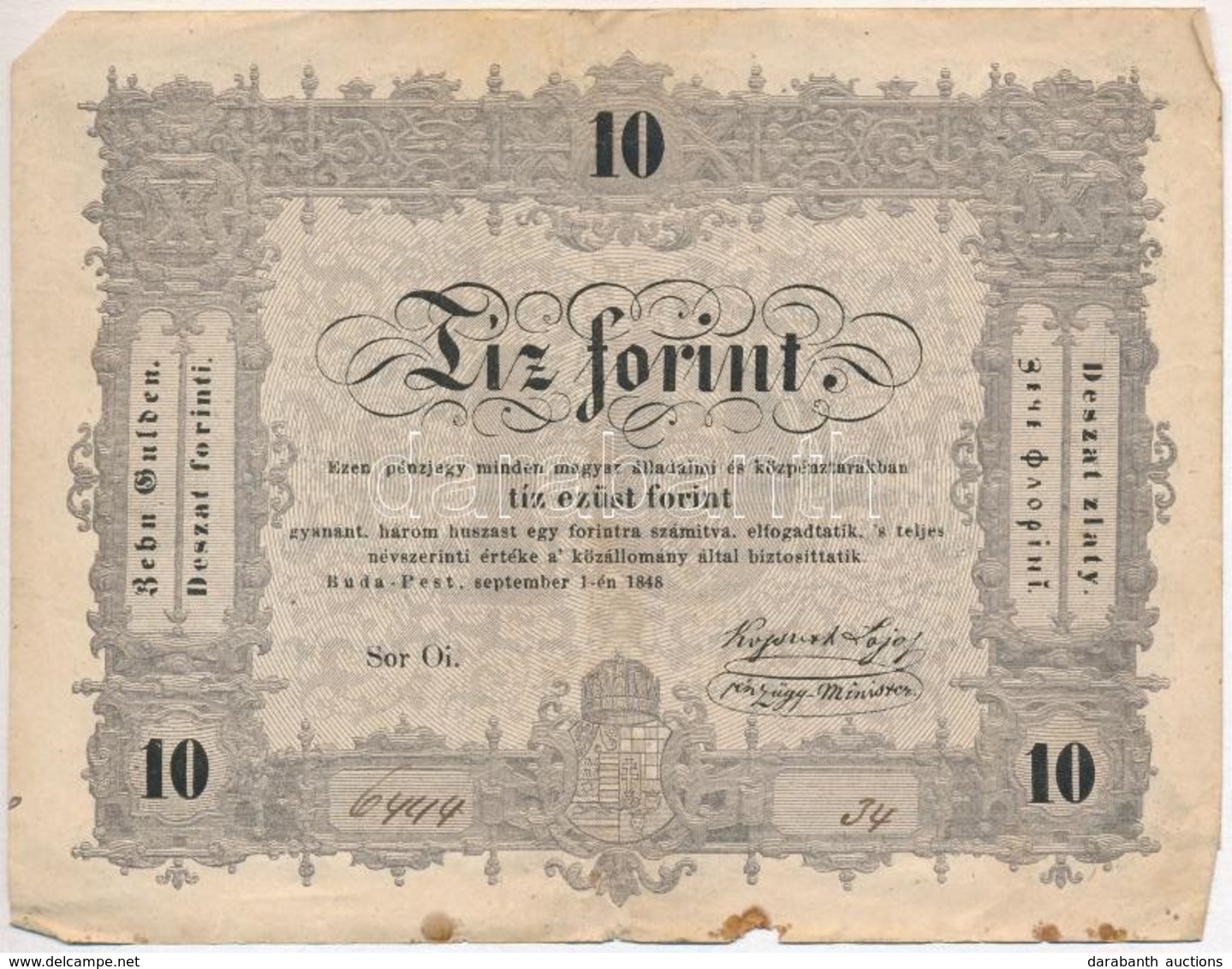 1848. 10Ft 'Kossuth Bankó' T:III- Fo., Kis Anyaghiány
Adamo G111 - Unclassified