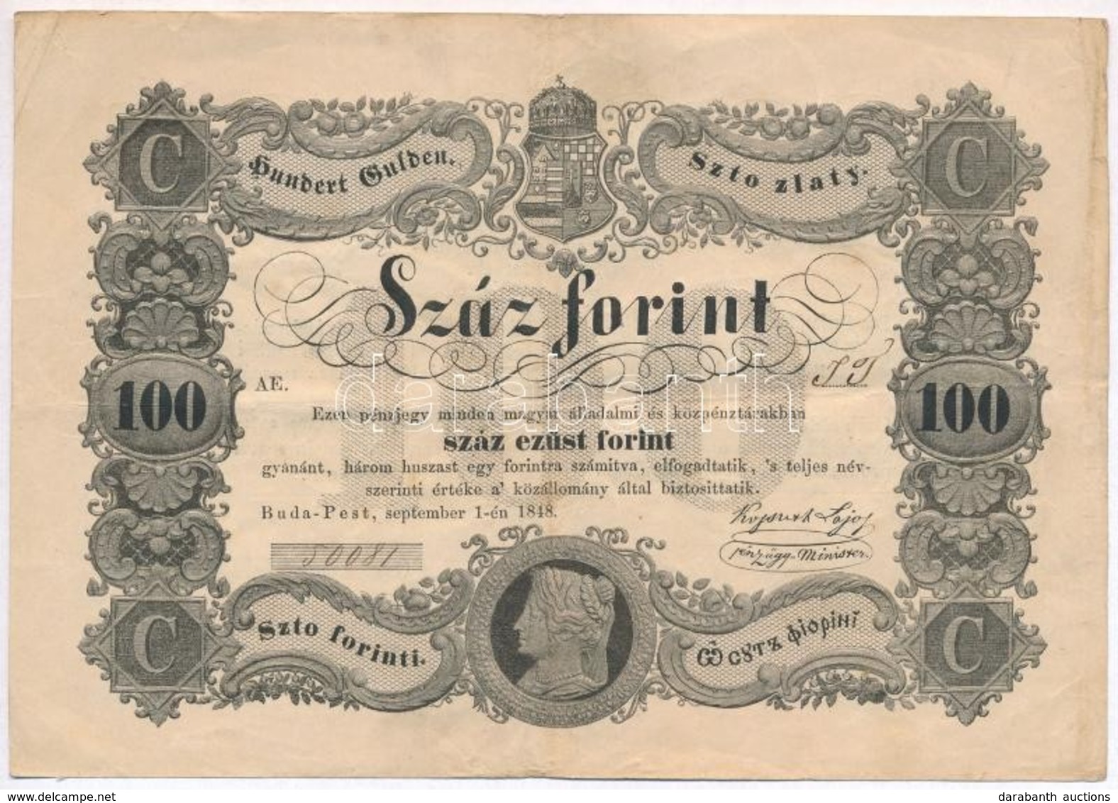 1848. 100Ft 'Kossuth Bankó' T:III
Hungary 1848. 100Ft 'Kossuth Banknote' C:F 
Adamo G114 - Ohne Zuordnung