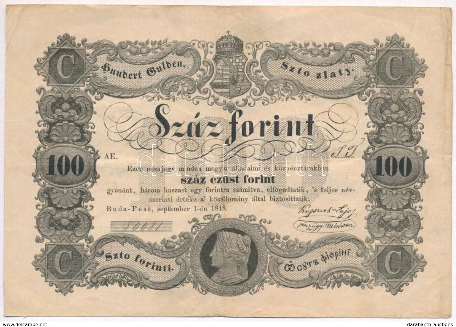 1848. 100Ft 'Kossuth Bankó' T:III
Hungary 1848. 100Ft 'Kossuth Banknote' C:F 
Adamo G114 - Non Classés