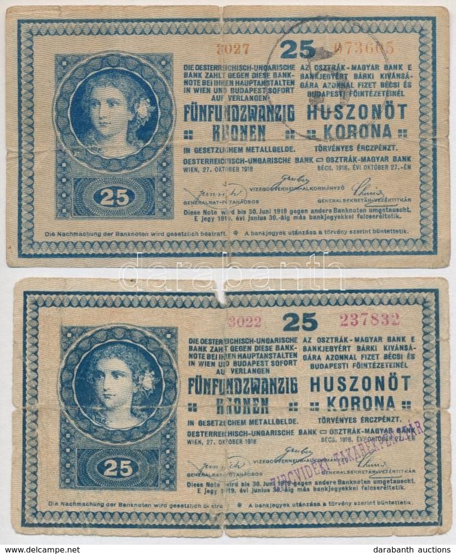 1918. 25K '3022' 3mm, Hullámos Hátlap, Hamis 'Zircvidéki Takarékpénztár' Felülbélyegzéssel (fake Overprint) + 25K '3027' - Ohne Zuordnung